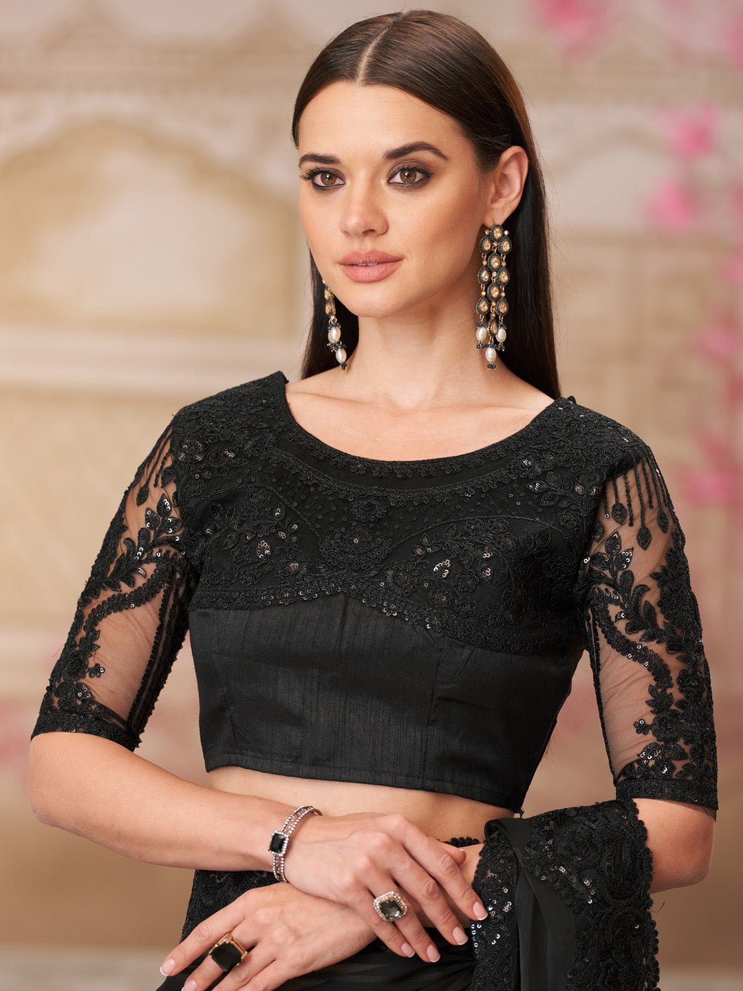 Black Silk Blend Sequin Embroidery Saree - Ressa