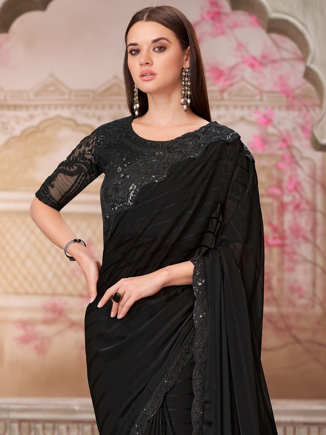 Black Silk Blend Sequin Embroidery Saree - Ressa
