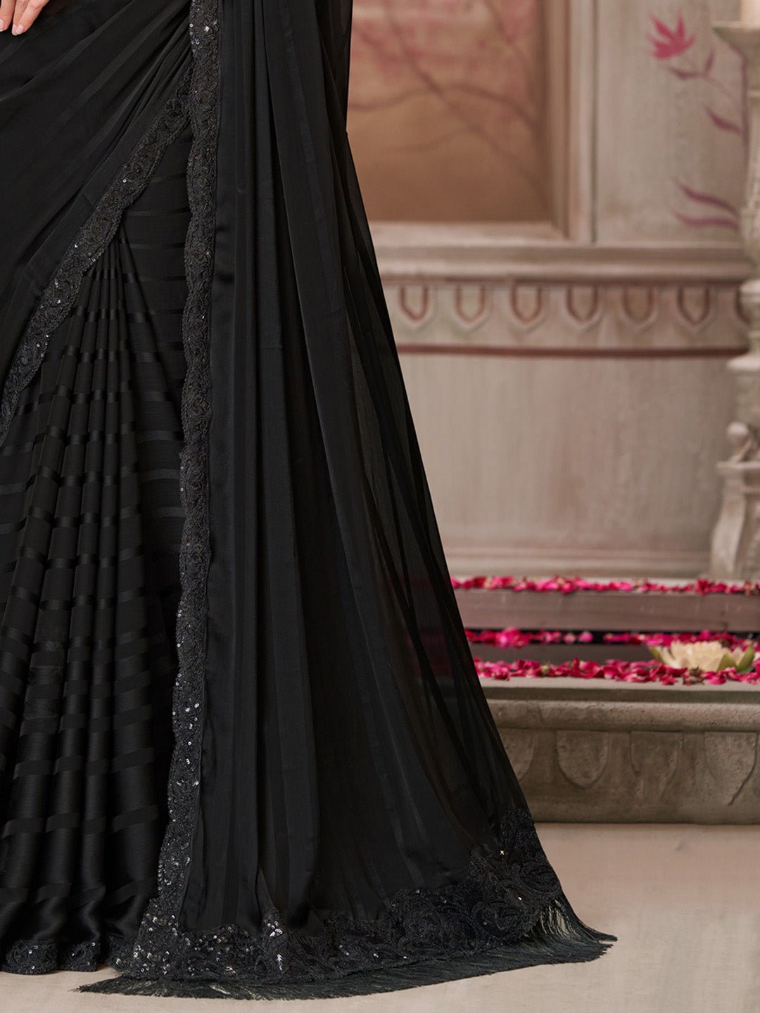Black Silk Blend Sequin Embroidery Saree - Ressa