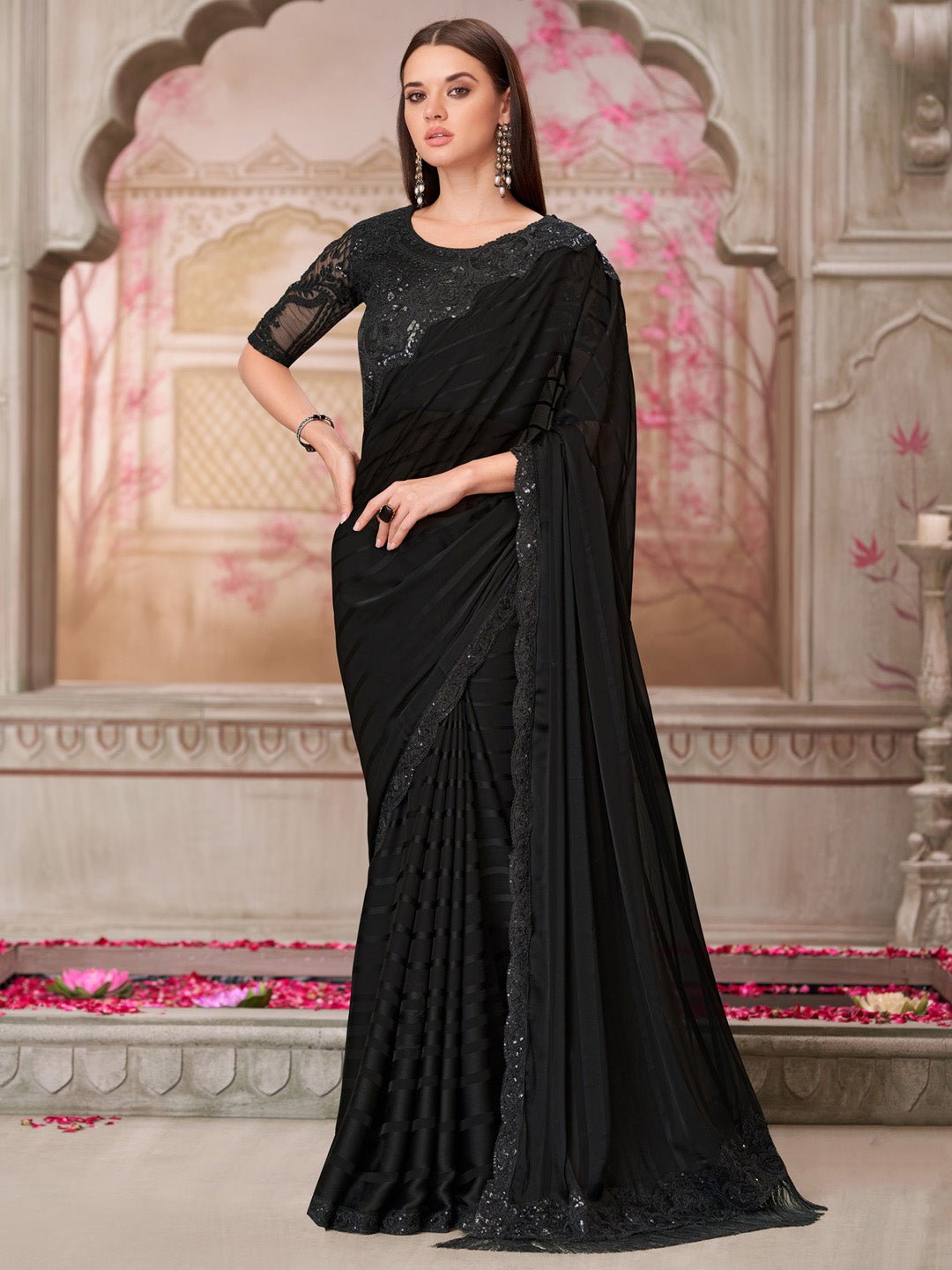Black Silk Blend Sequin Embroidery Saree - Ressa