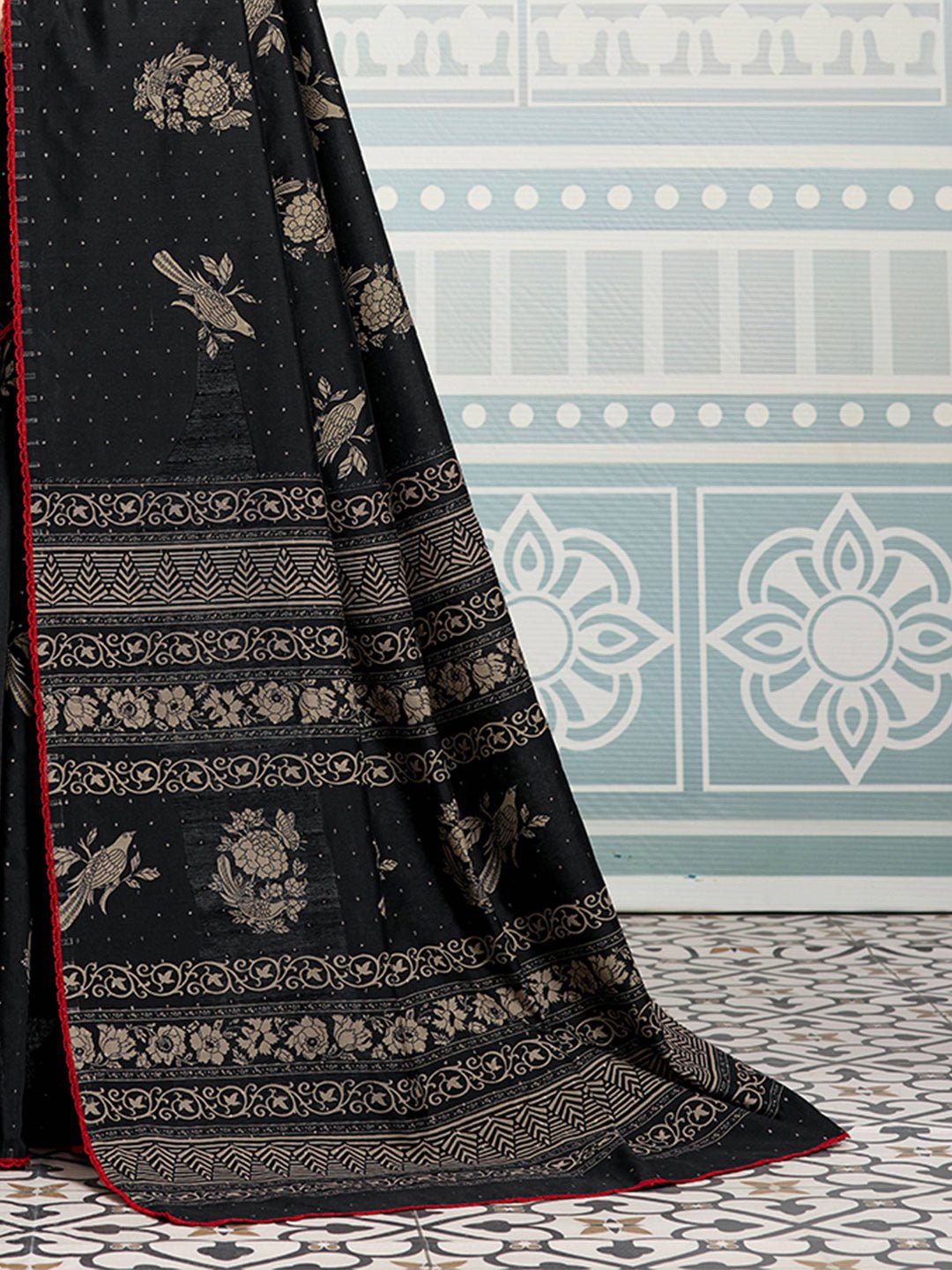 Black Silk Saree with Floral Print & Mukaish Dot Work - Ressa