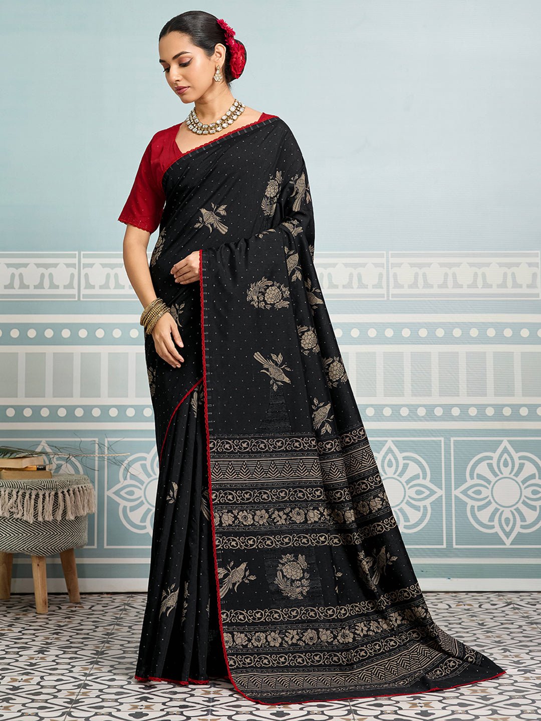 Black Silk Saree with Floral Print & Mukaish Dot Work - Ressa