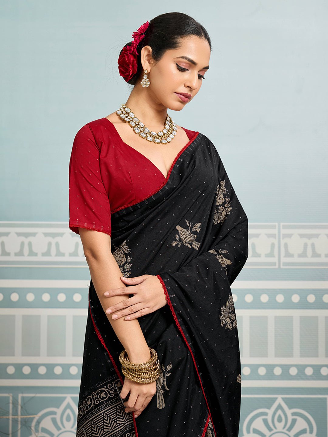 Black Silk Saree with Floral Print & Mukaish Dot Work - Ressa