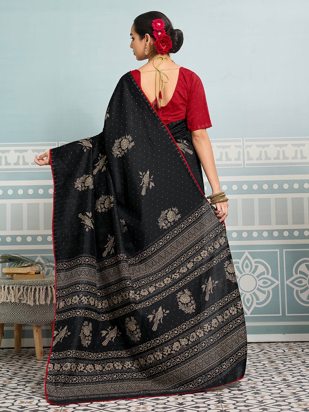 Black Silk Saree with Floral Print & Mukaish Dot Work - Ressa