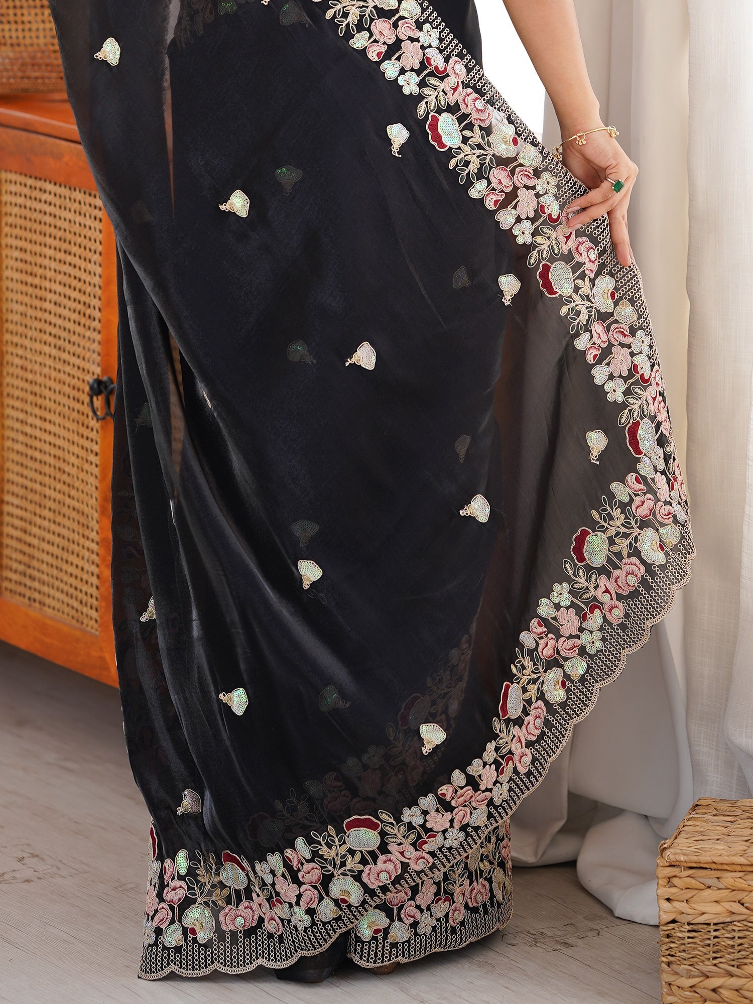 Black Tissue Saree with Floral Border - Ressa