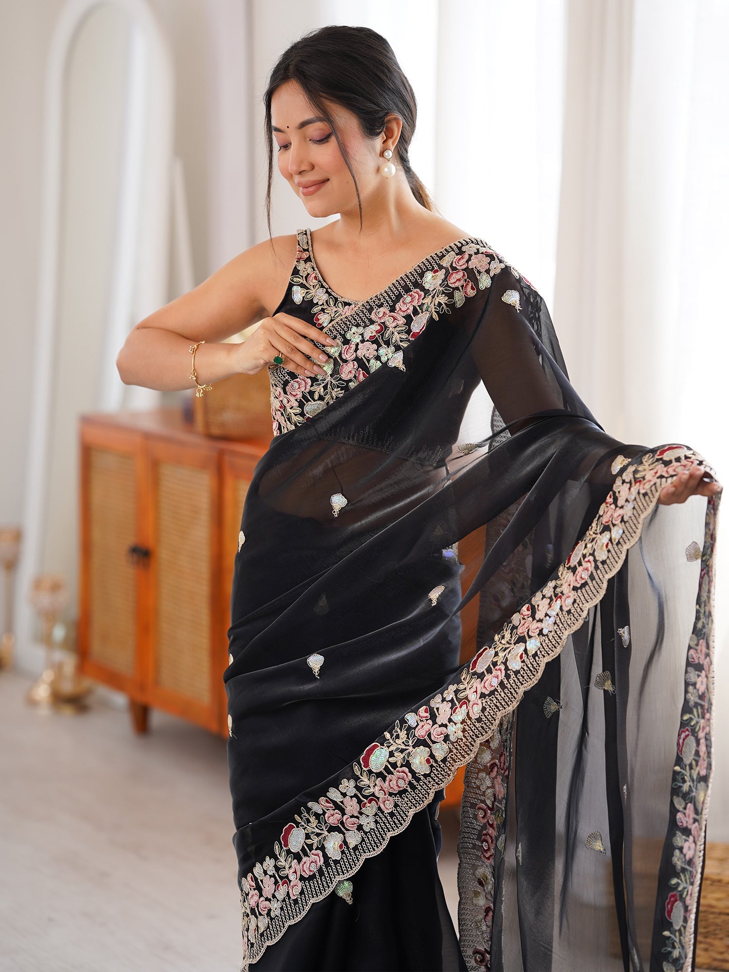 Black Tissue Saree with Floral Border - Ressa