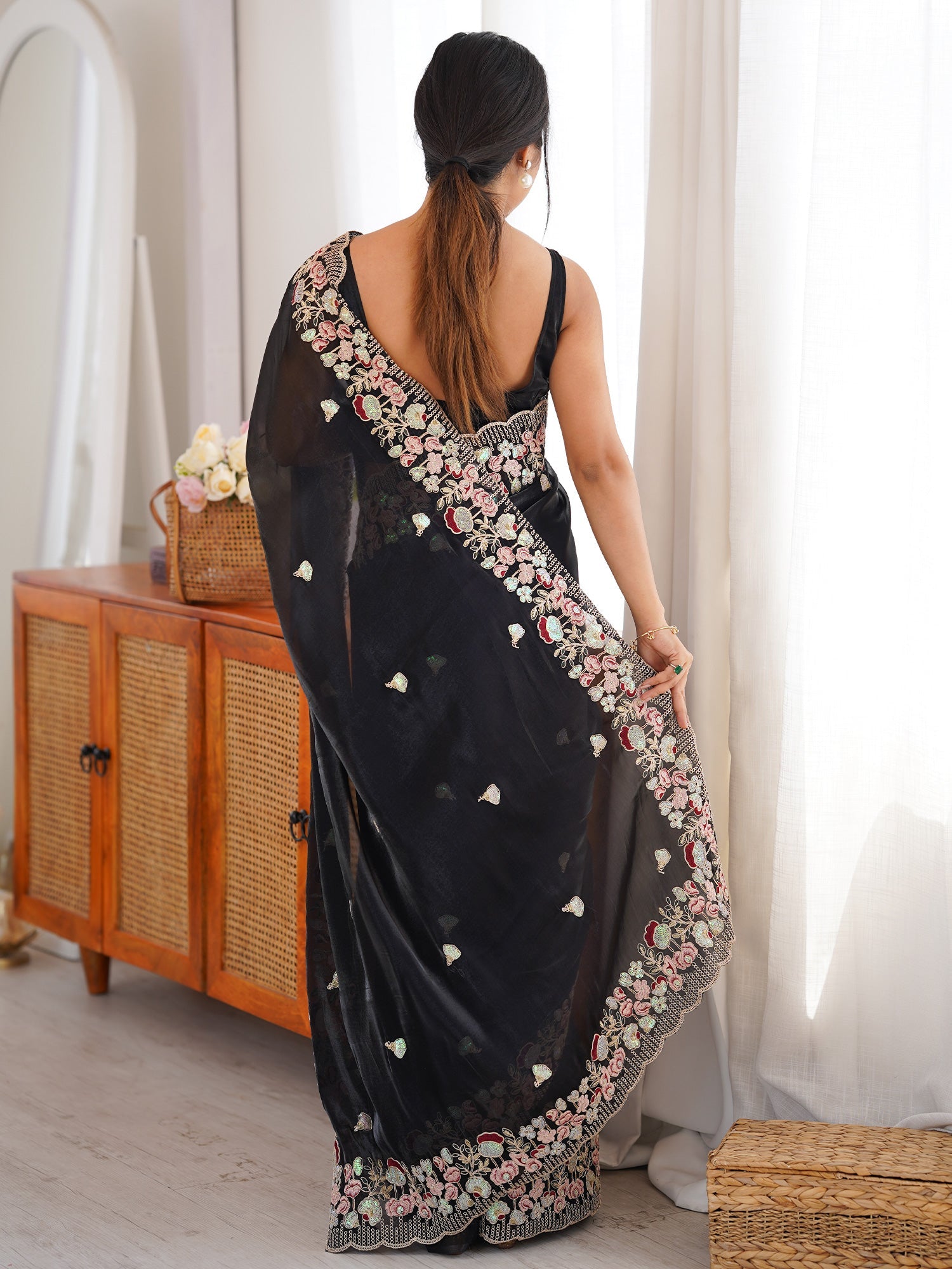 Black Tissue Saree with Floral Border - Ressa