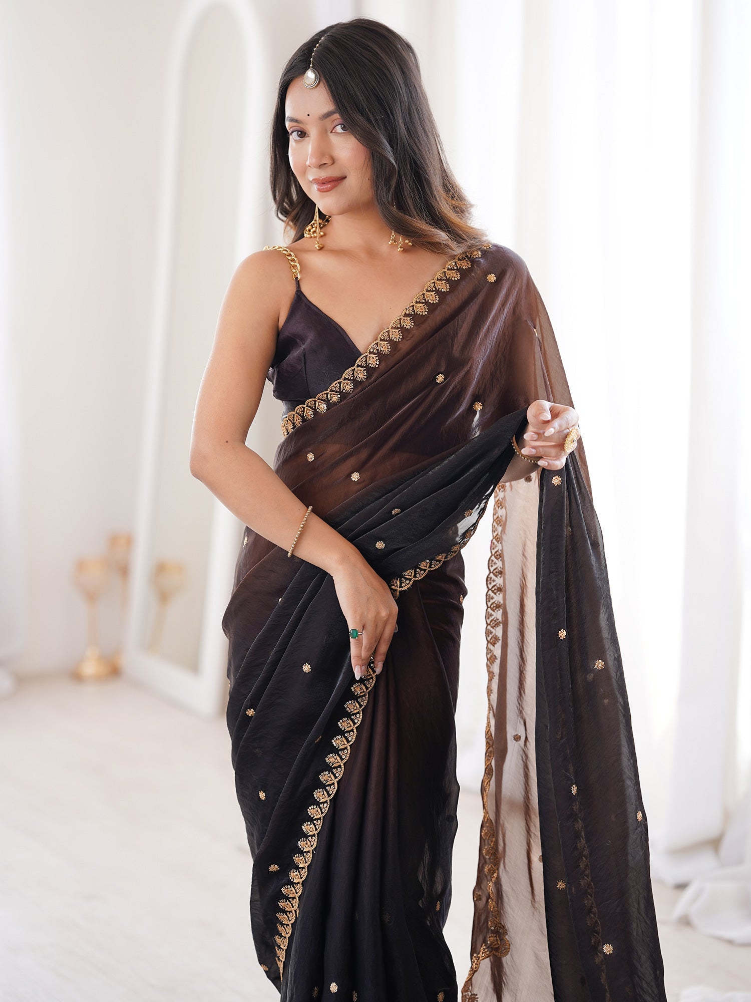 Black Tissue Silk Saree with Embroidered Border - Ressa