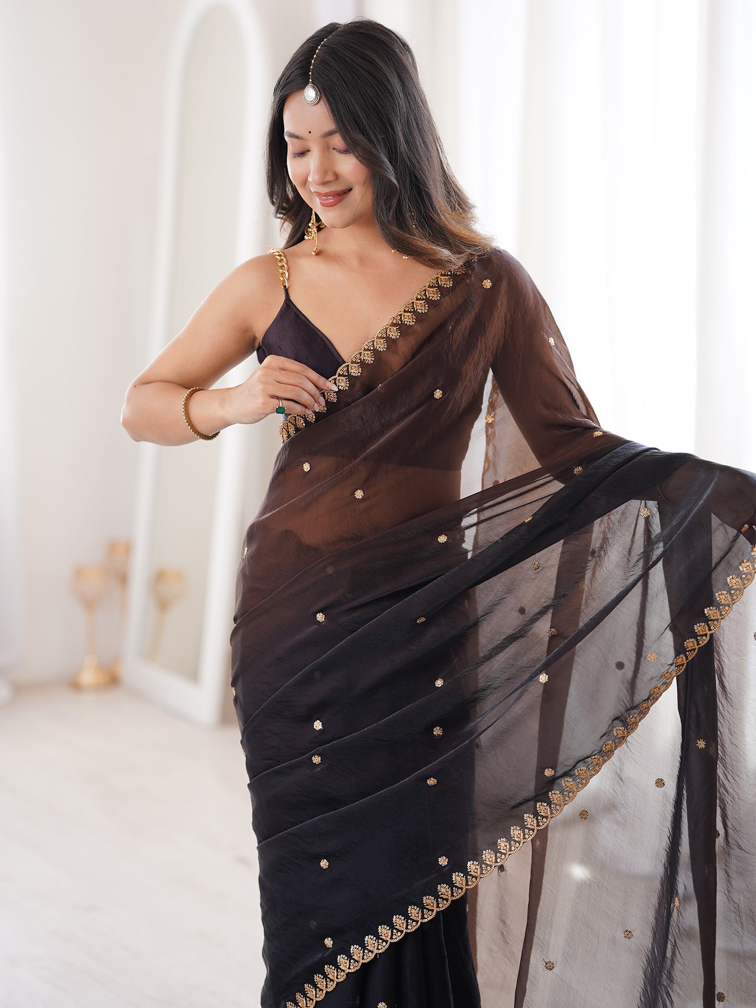 Black Tissue Silk Saree with Embroidered Border - Ressa