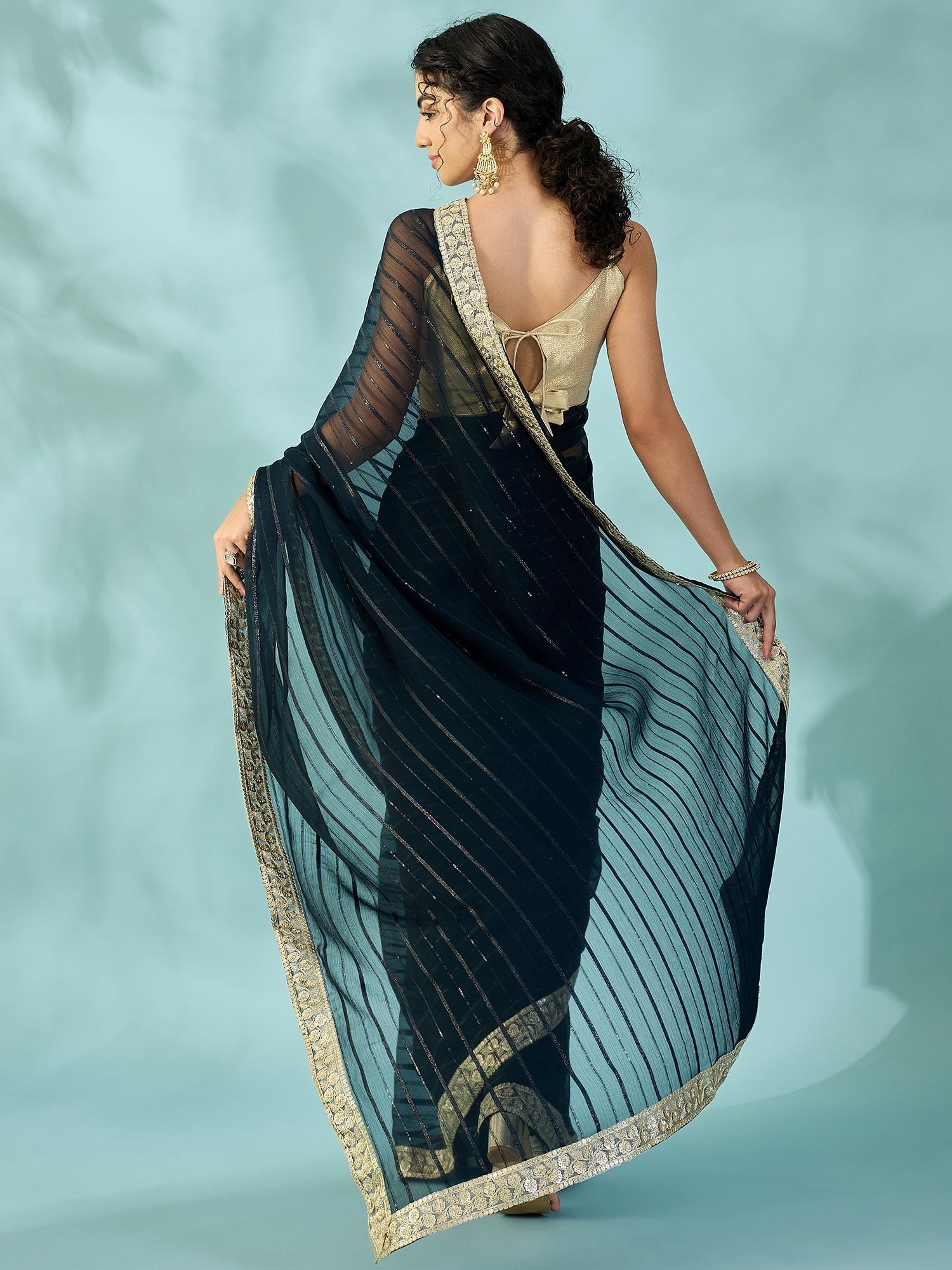 Black Tissue Silk Saree with Zari Stripes - Ressa
