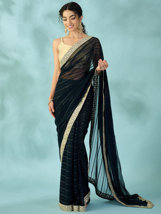 Black Tissue Silk Saree with Zari Stripes - Ressa