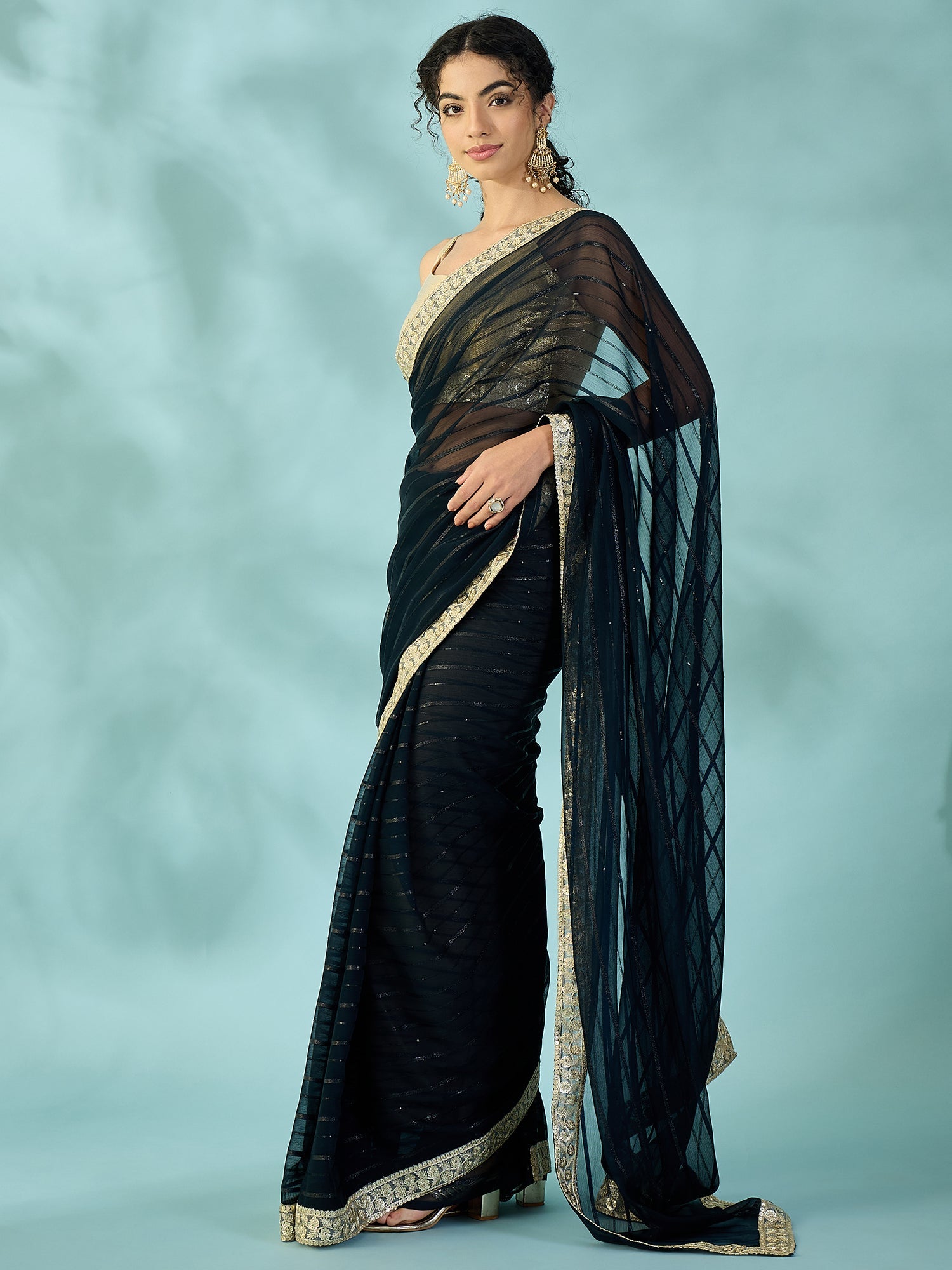 Black Tissue Silk Saree with Zari Stripes - Ressa