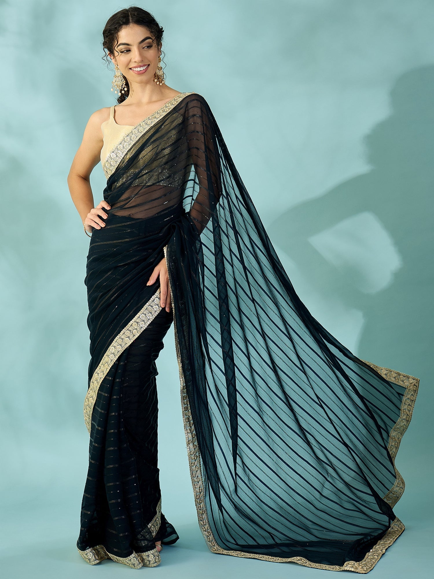 Black Tissue Silk Saree with Zari Stripes - Ressa