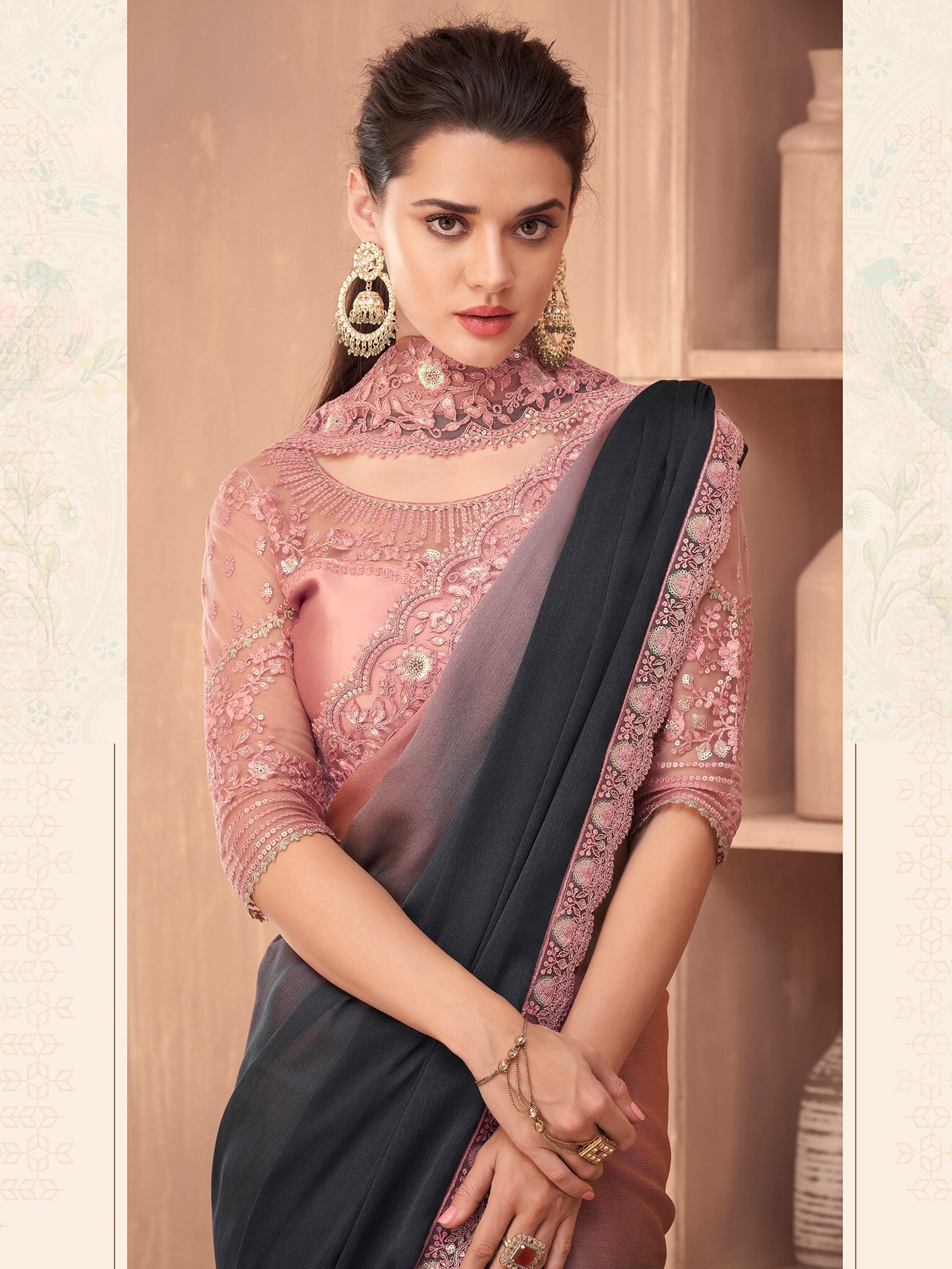 Black to Peach Ombre Embellished Saree - Ressa
