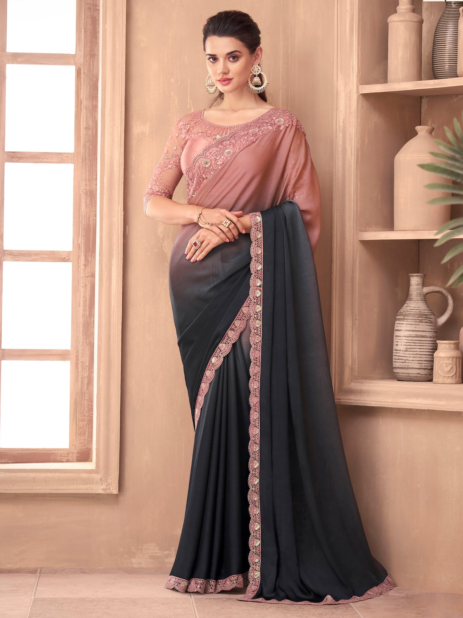 Black to Peach Ombre Embellished Saree - Ressa