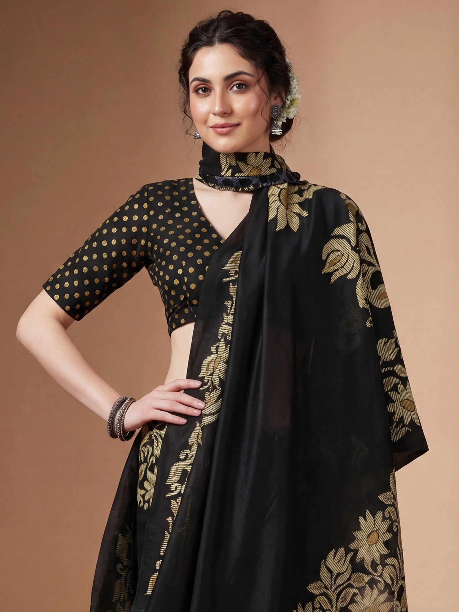 Black Tussar Silk Madhubani Inspired Floral Print - Ressa