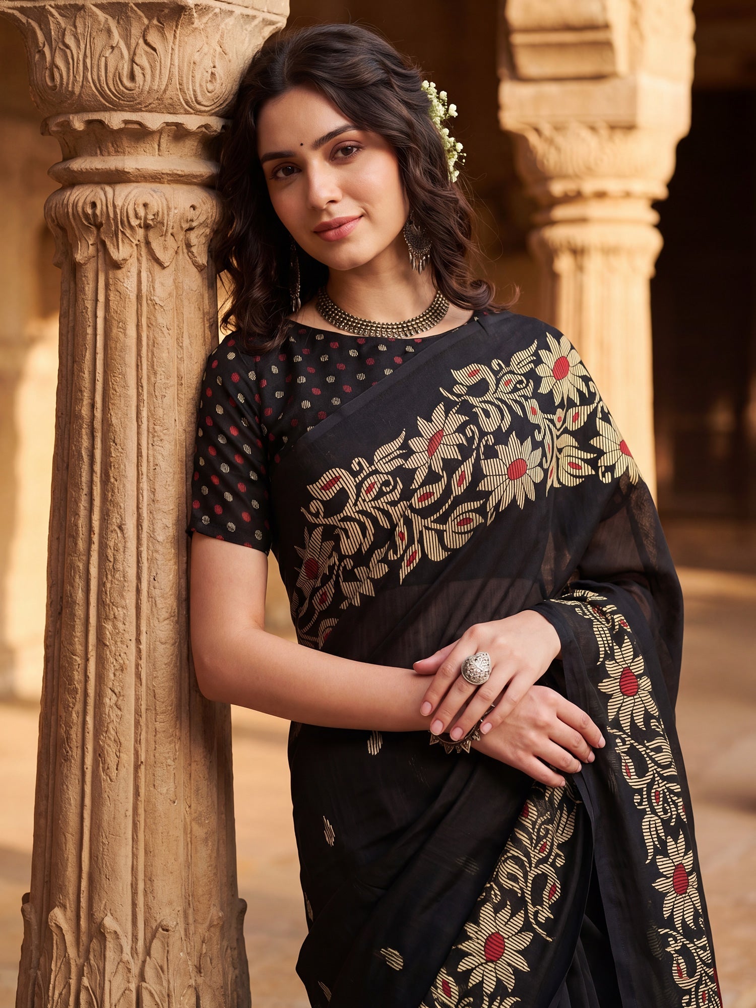 Black Tussar Silk Madhubani Inspired Floral Print - Ressa