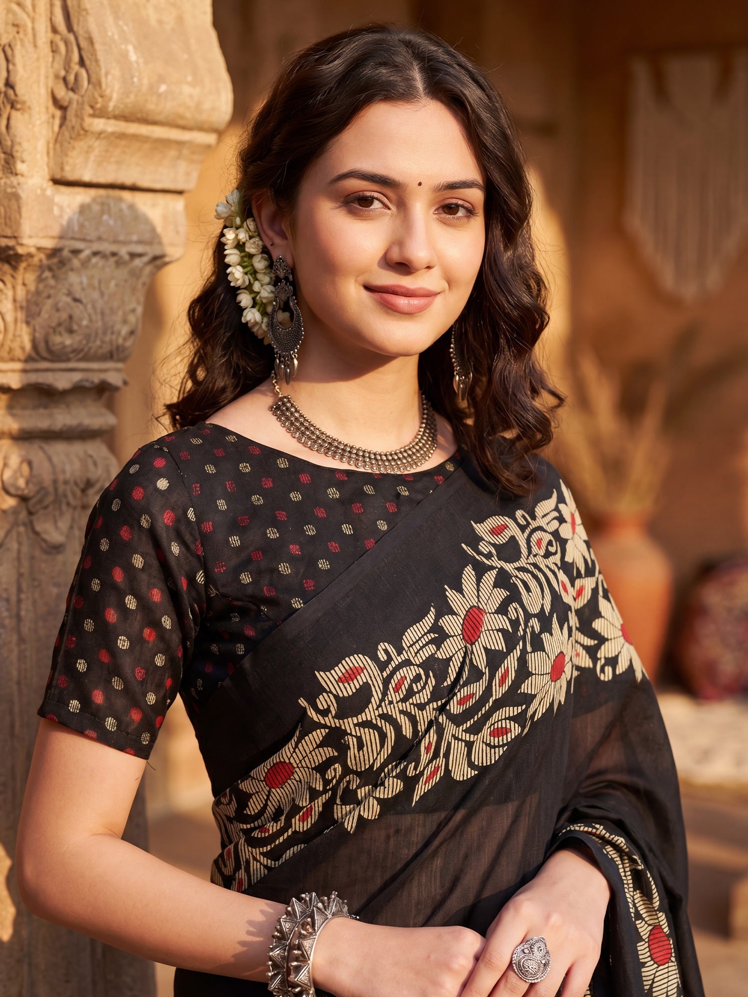 Black Tussar Silk Madhubani Inspired Floral Print - Ressa