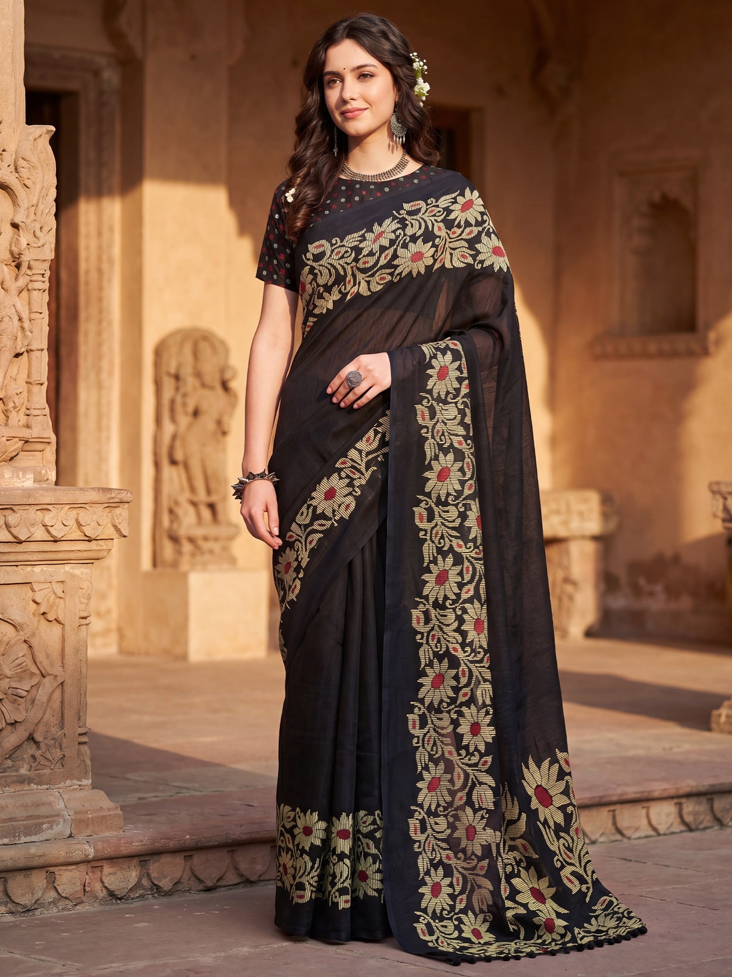 Black Tussar Silk Madhubani Inspired Floral Print - Ressa