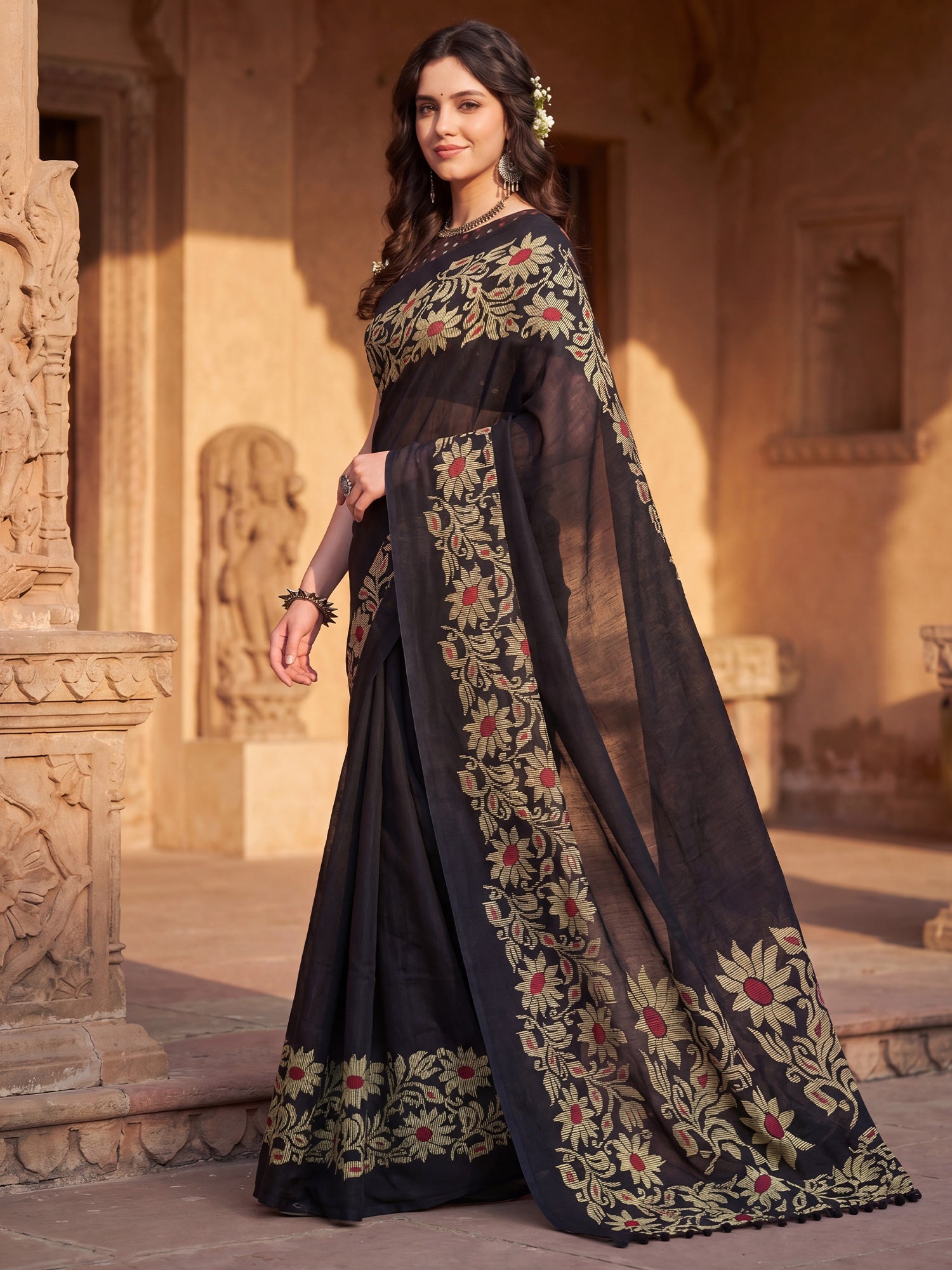 Black Tussar Silk Madhubani Inspired Floral Print - Ressa