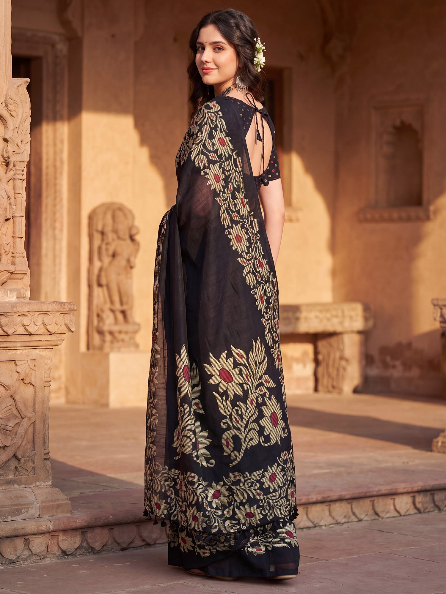 Black Tussar Silk Madhubani Inspired Floral Print - Ressa