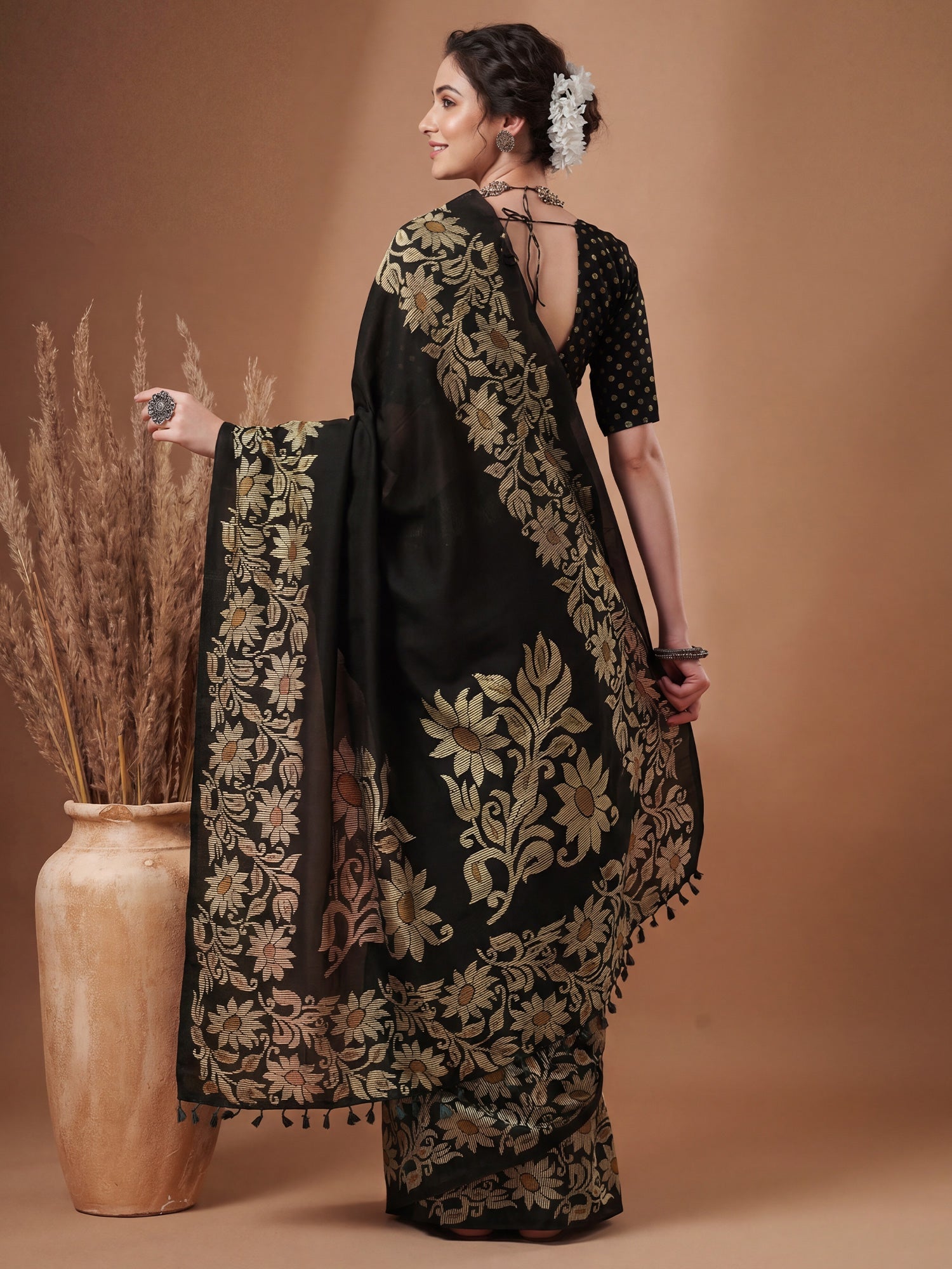 Black Tussar Silk Madhubani Inspired Floral Print - Ressa