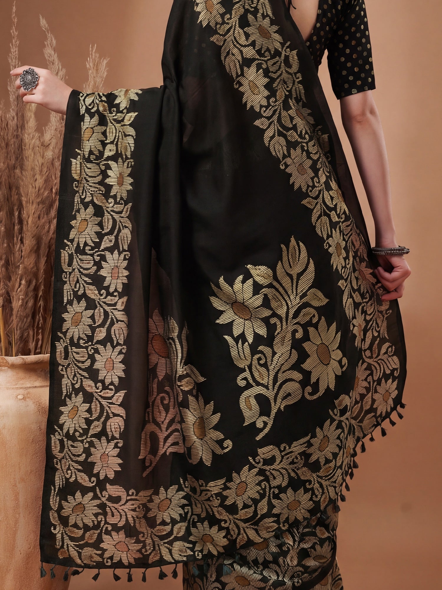 Black Tussar Silk Madhubani Inspired Floral Print - Ressa