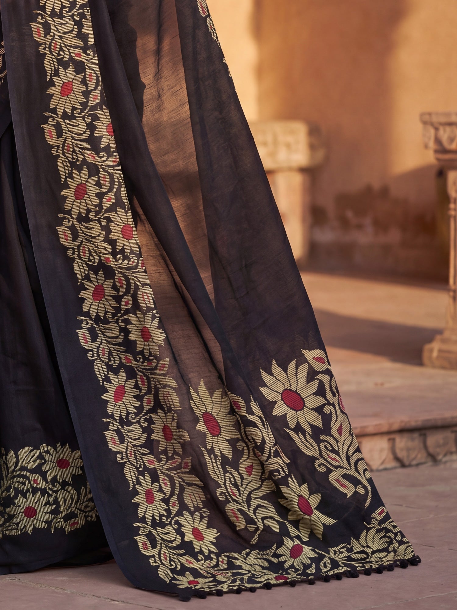 Black Tussar Silk Madhubani Inspired Floral Print - Ressa