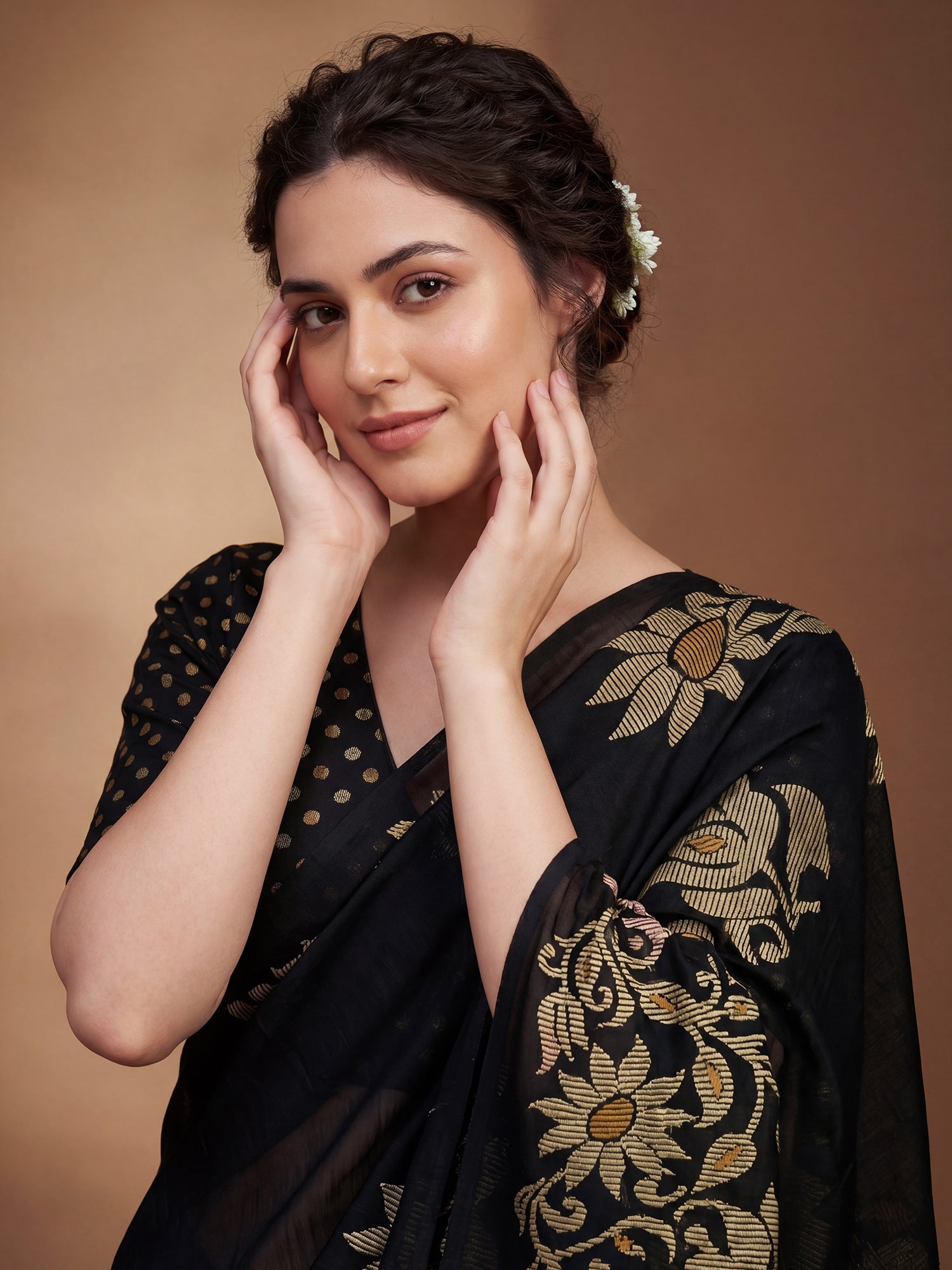 Black Tussar Silk Madhubani Inspired Floral Print - Ressa
