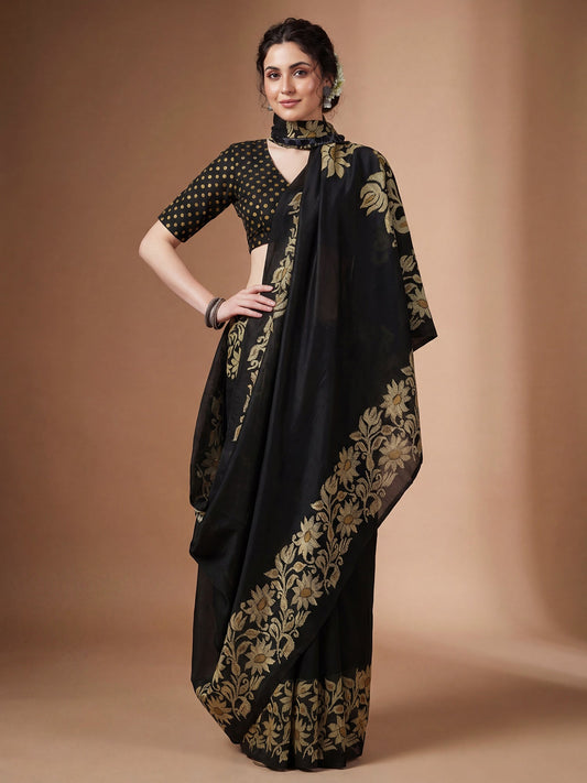 Black Tussar Silk Madhubani Inspired Floral Print - Ressa