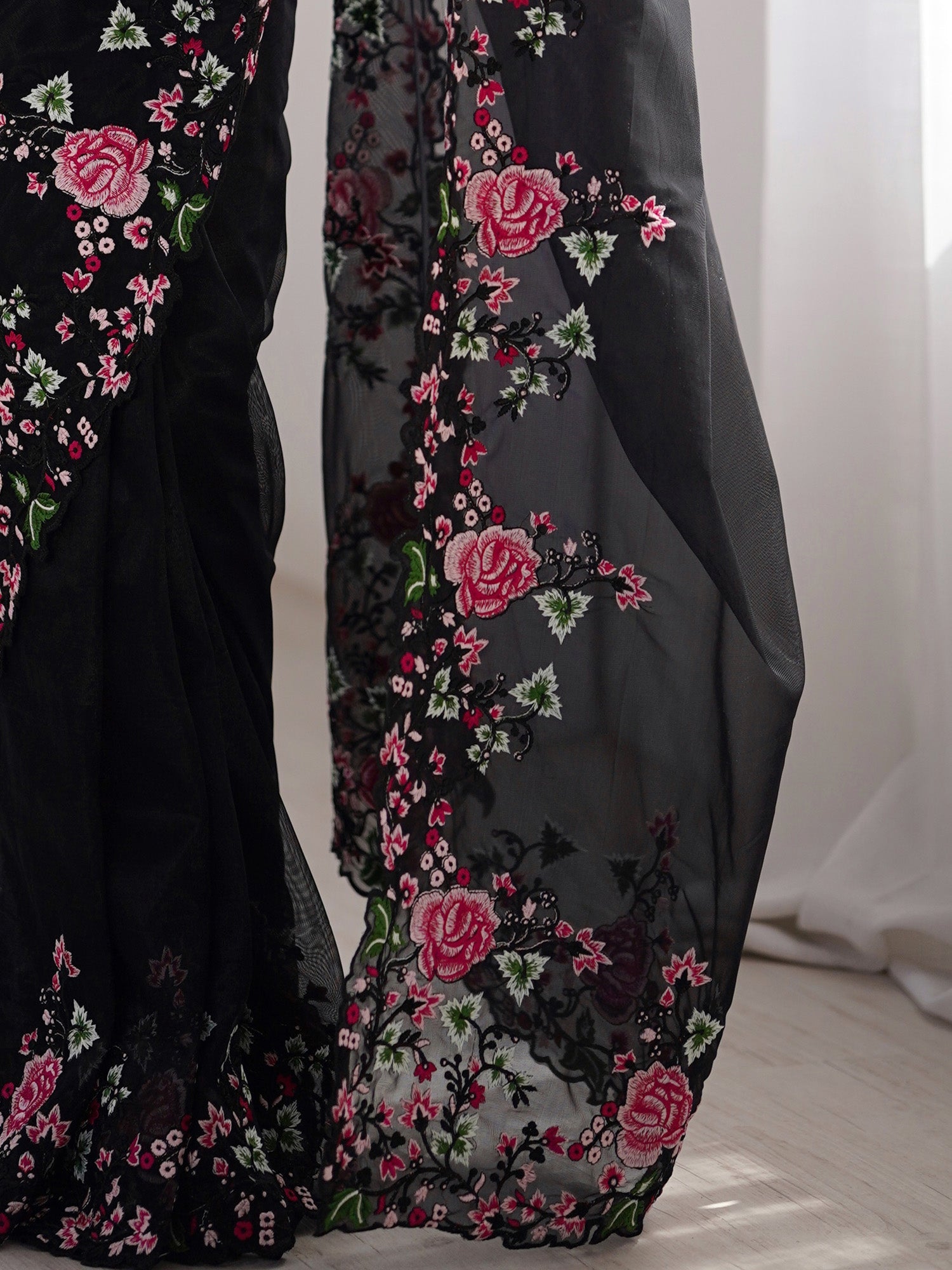 Black Vichitra Silk Embroidered Border Saree - Ressa