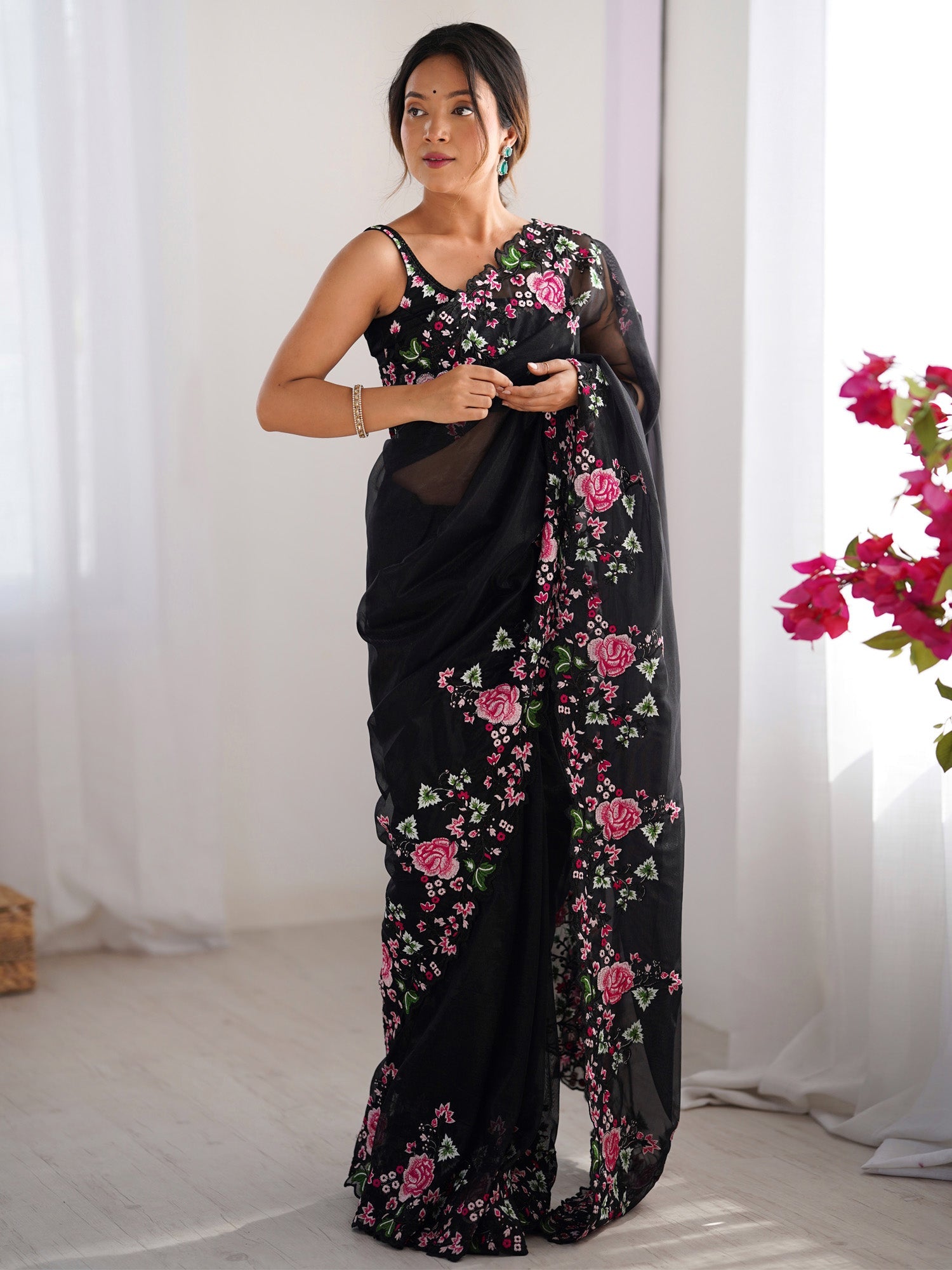 Black Vichitra Silk Embroidered Border Saree - Ressa