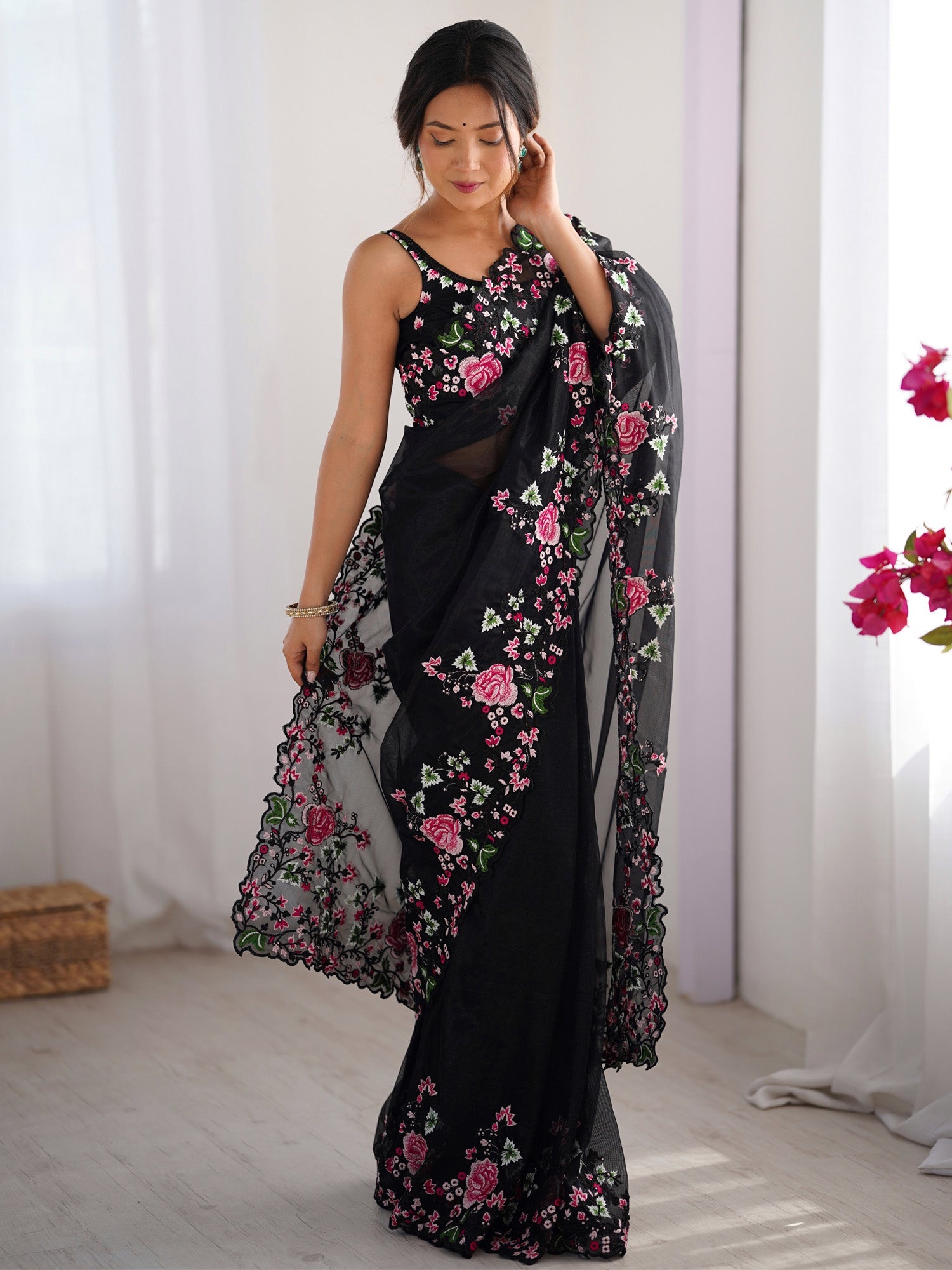 Black Vichitra Silk Embroidered Border Saree - Ressa