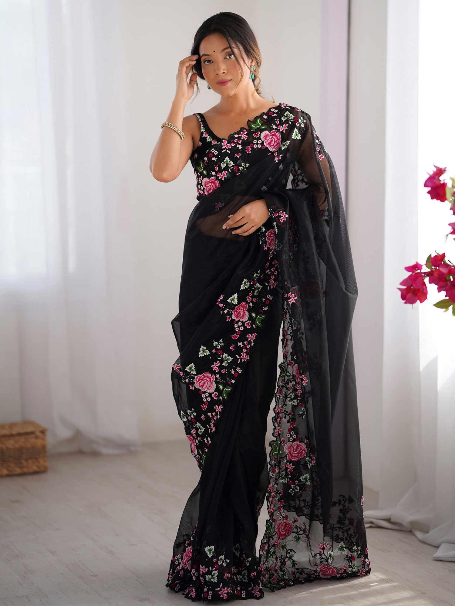 Black Vichitra Silk Embroidered Border Saree - Ressa