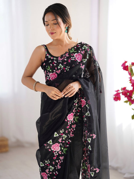 Black Vichitra Silk Embroidered Border Saree - Ressa