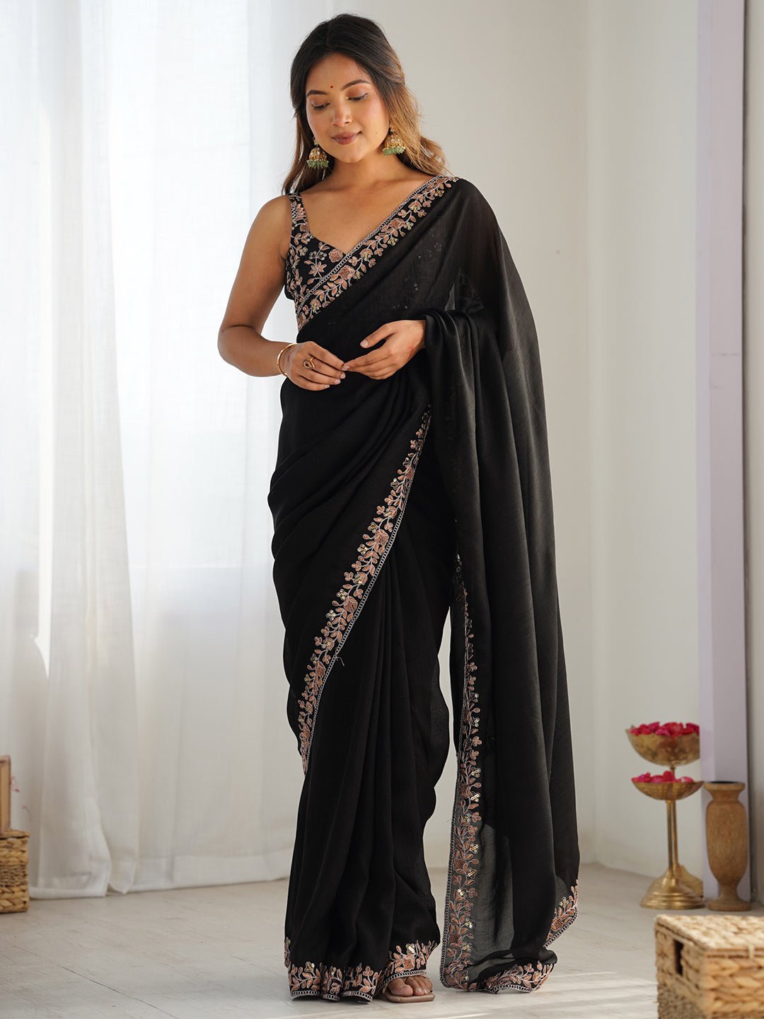 Black Vichitra Silk Saree - Ressa