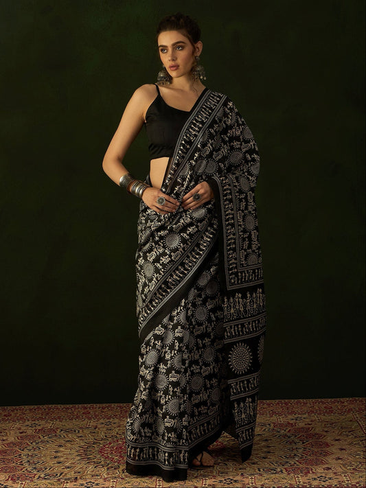 Black Warli Art Bhagalpuri Silk Saree - Ressa