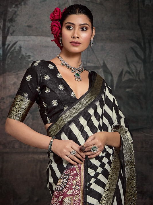 Black & White Striped Banarasi Silk Saree - Ressa