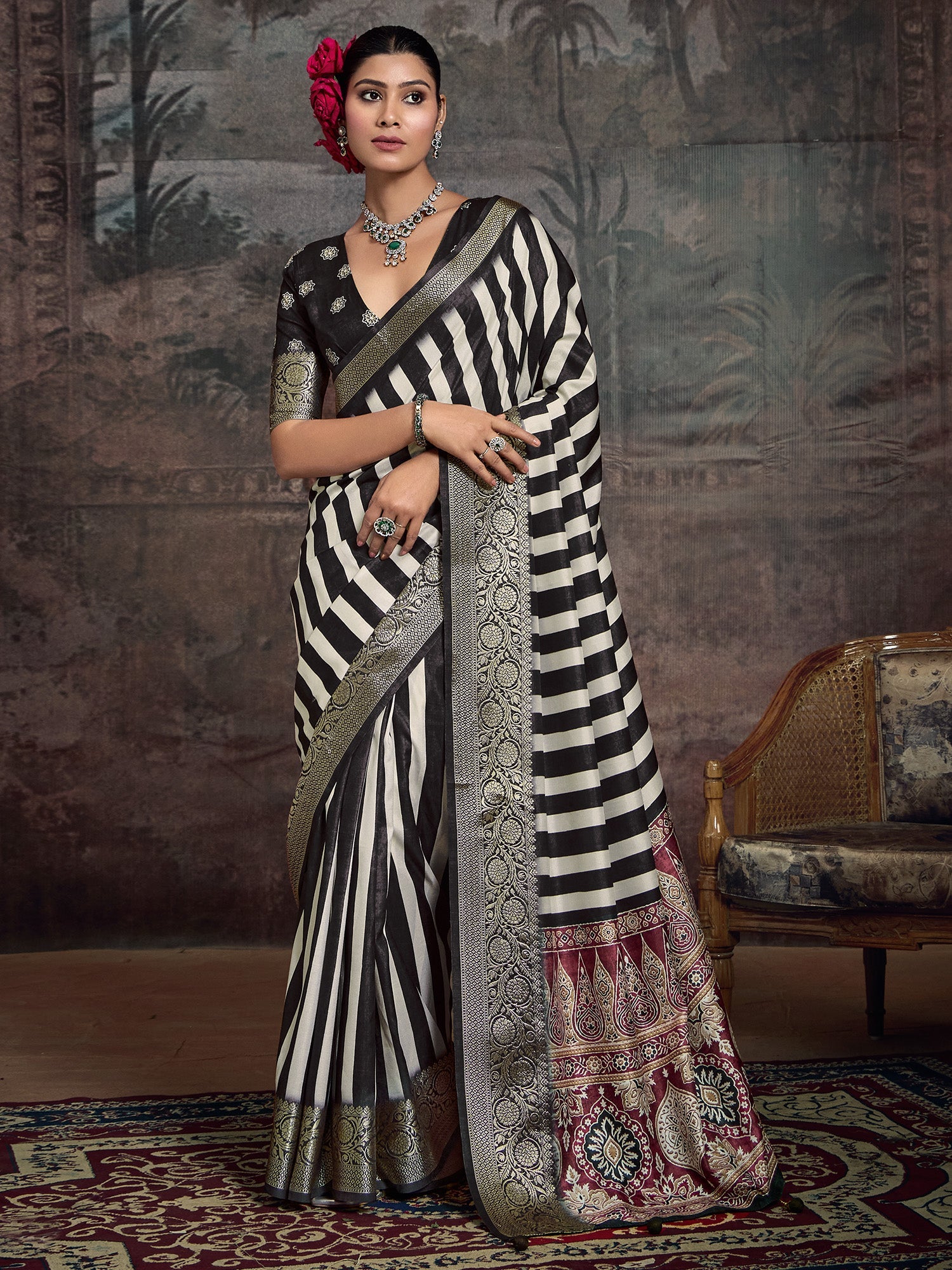 Black & White Striped Banarasi Silk Saree - Ressa