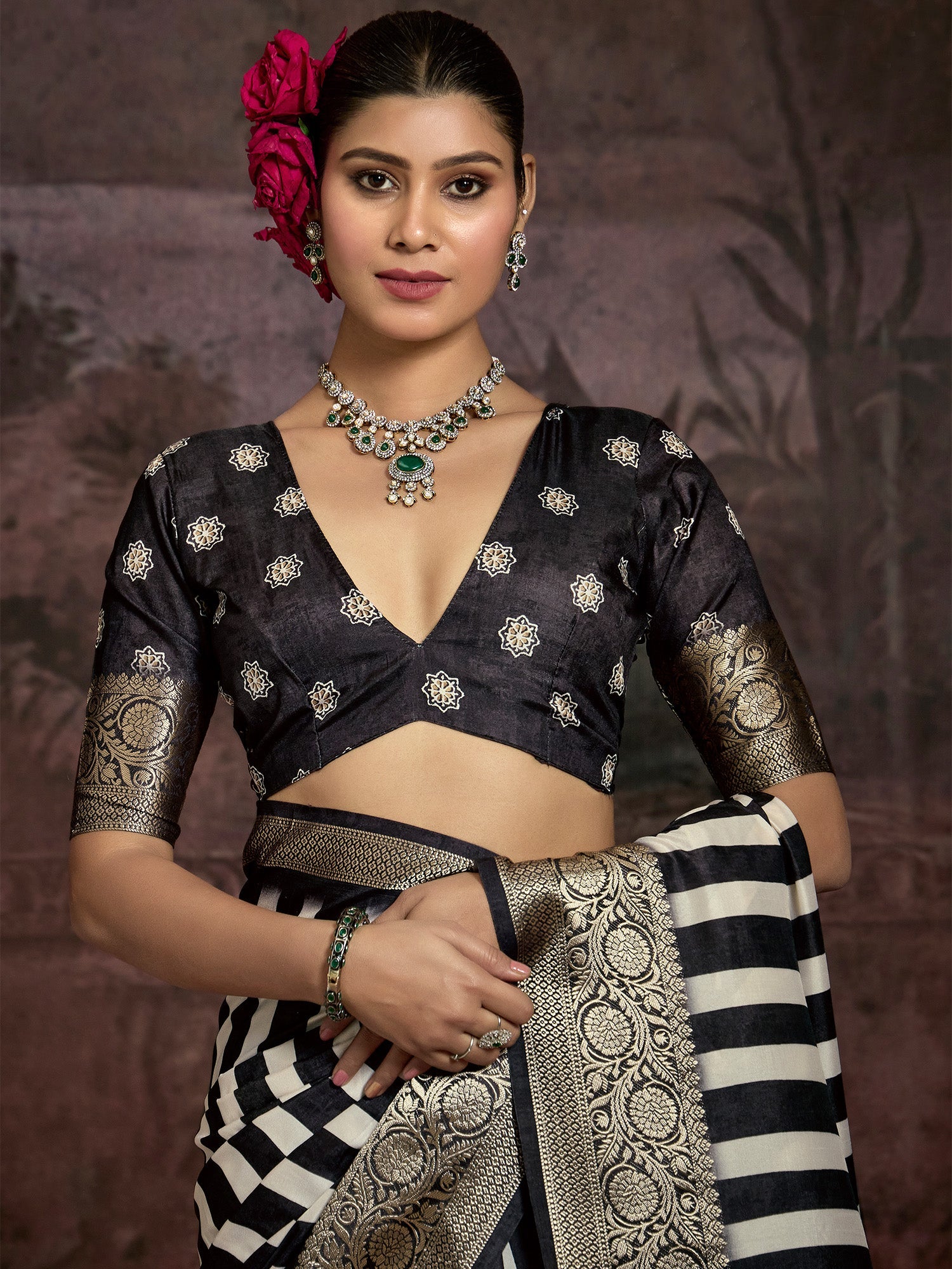 Black & White Striped Banarasi Silk Saree - Ressa