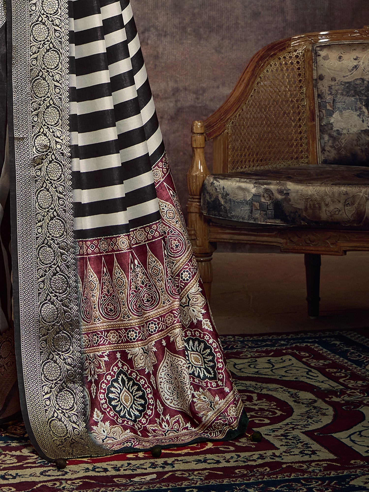 Black & White Striped Banarasi Silk Saree - Ressa