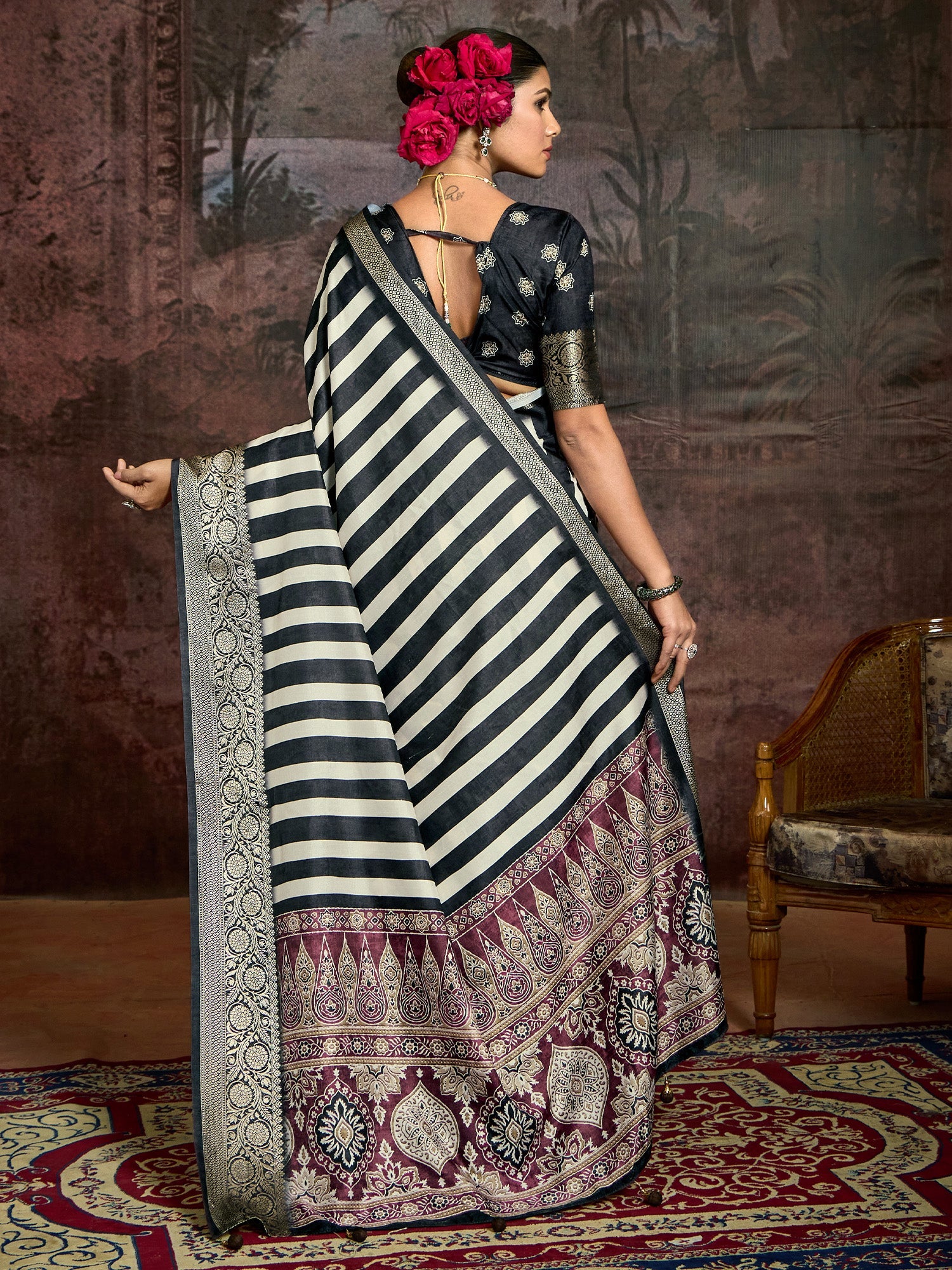 Black & White Striped Banarasi Silk Saree - Ressa