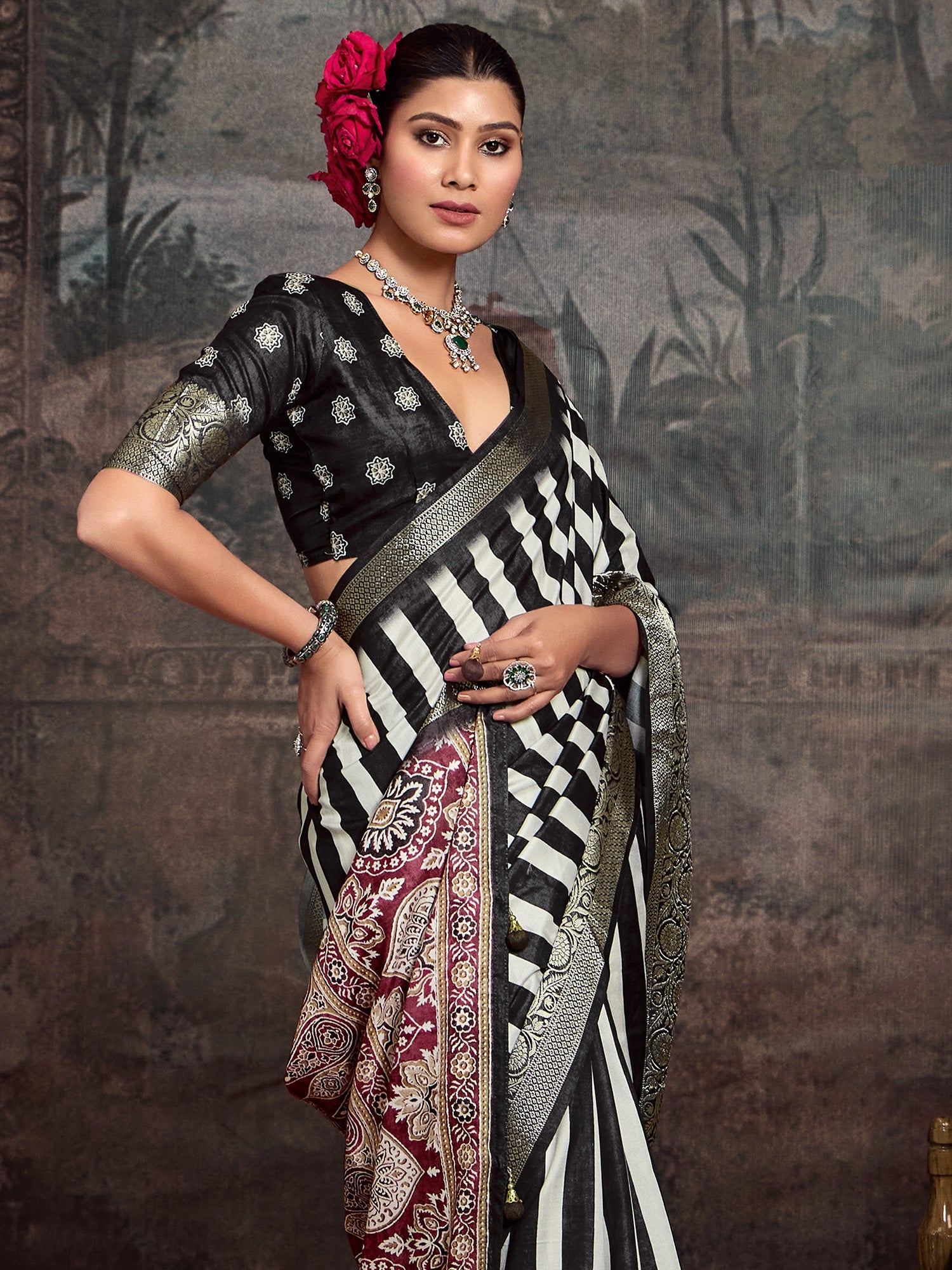 Black & White Striped Banarasi Silk Saree - Ressa
