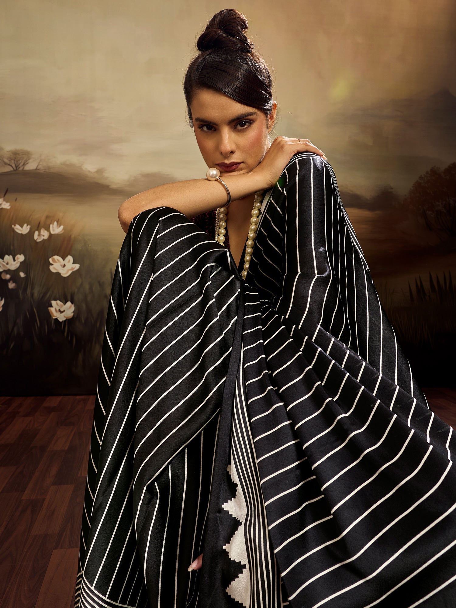 Black & White Striped Ikat Silk Saree - Ressa