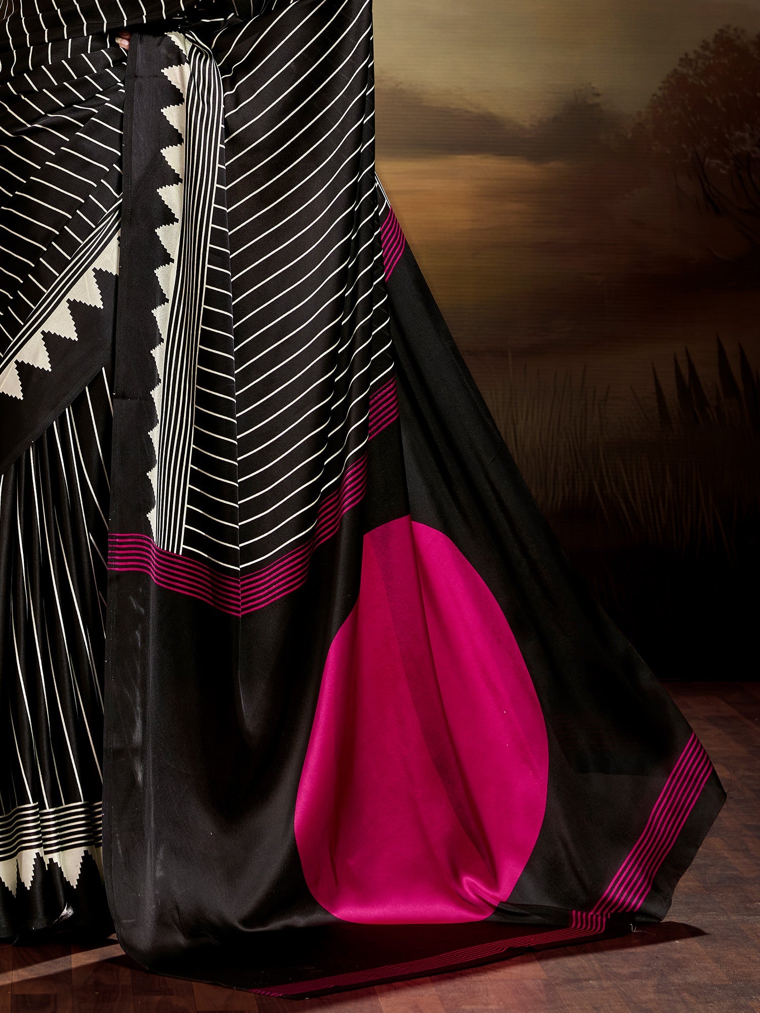 Black & White Striped Ikat Silk Saree - Ressa