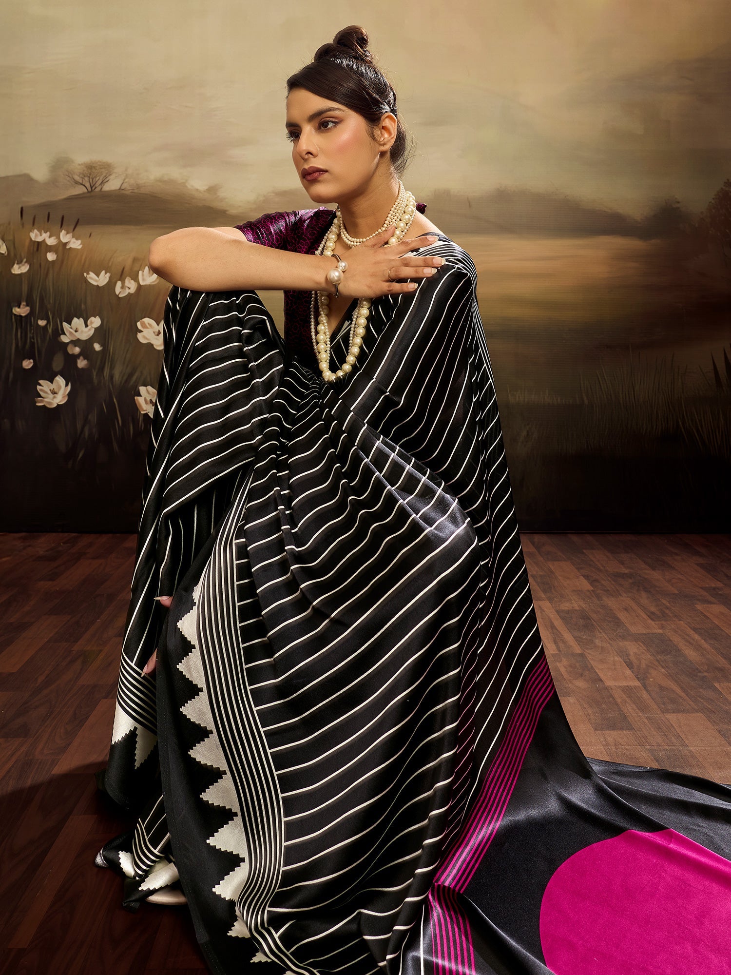 Black & White Striped Ikat Silk Saree - Ressa