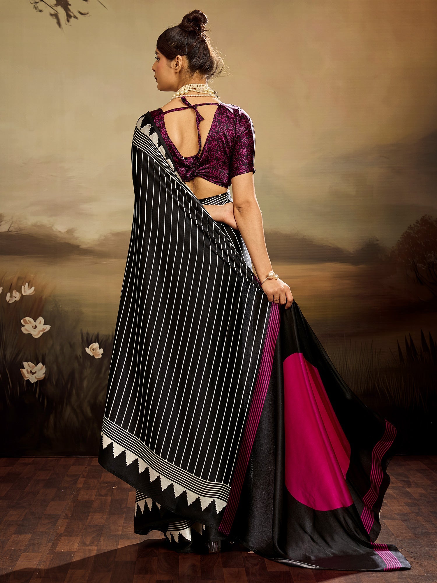 Black & White Striped Ikat Silk Saree - Ressa