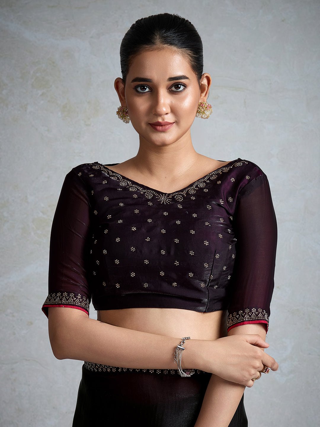 Black & Wine Polyester Ombre Dyed Embroidered Saree - Ressa