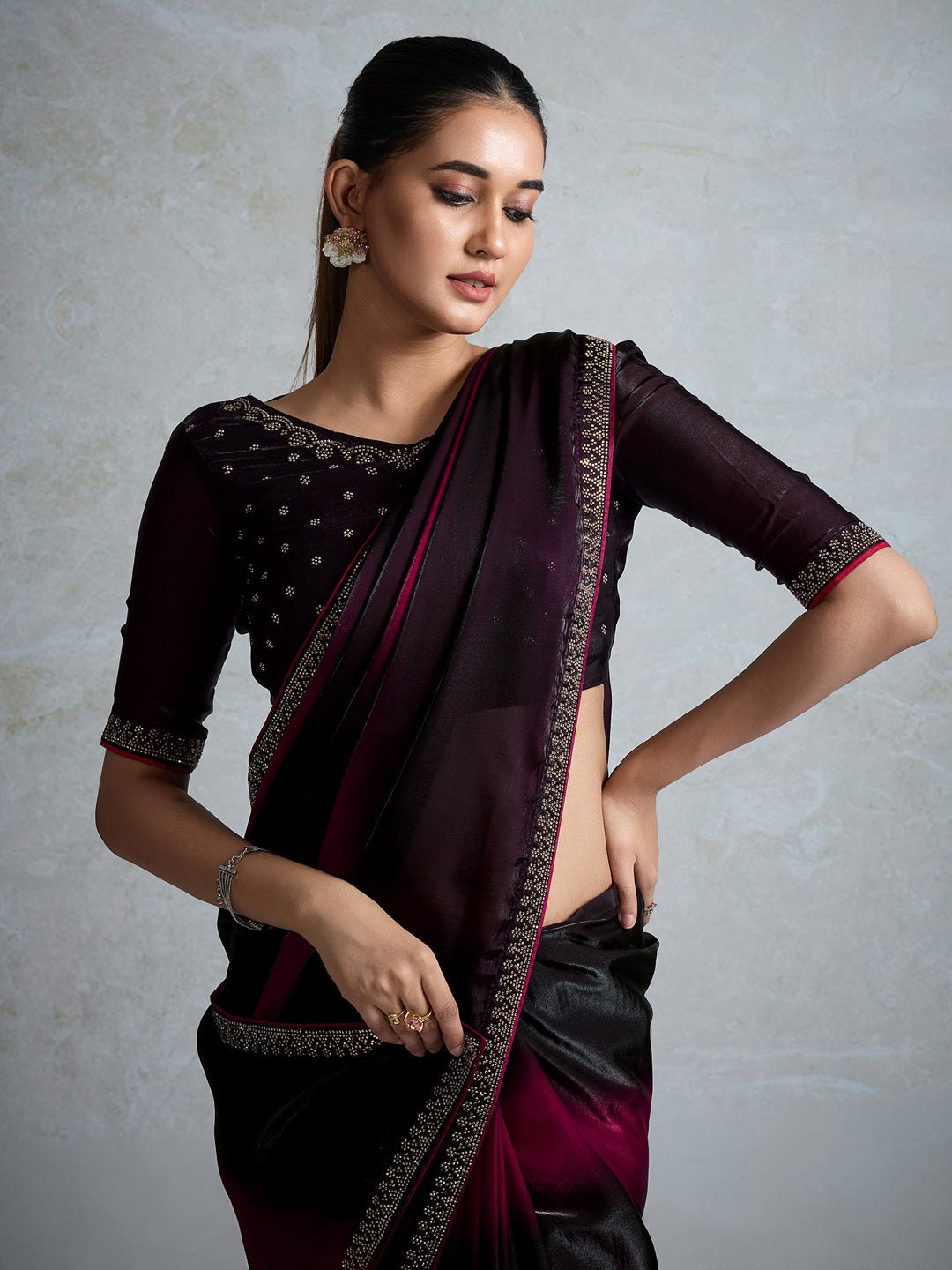 Black & Wine Polyester Ombre Dyed Embroidered Saree - Ressa