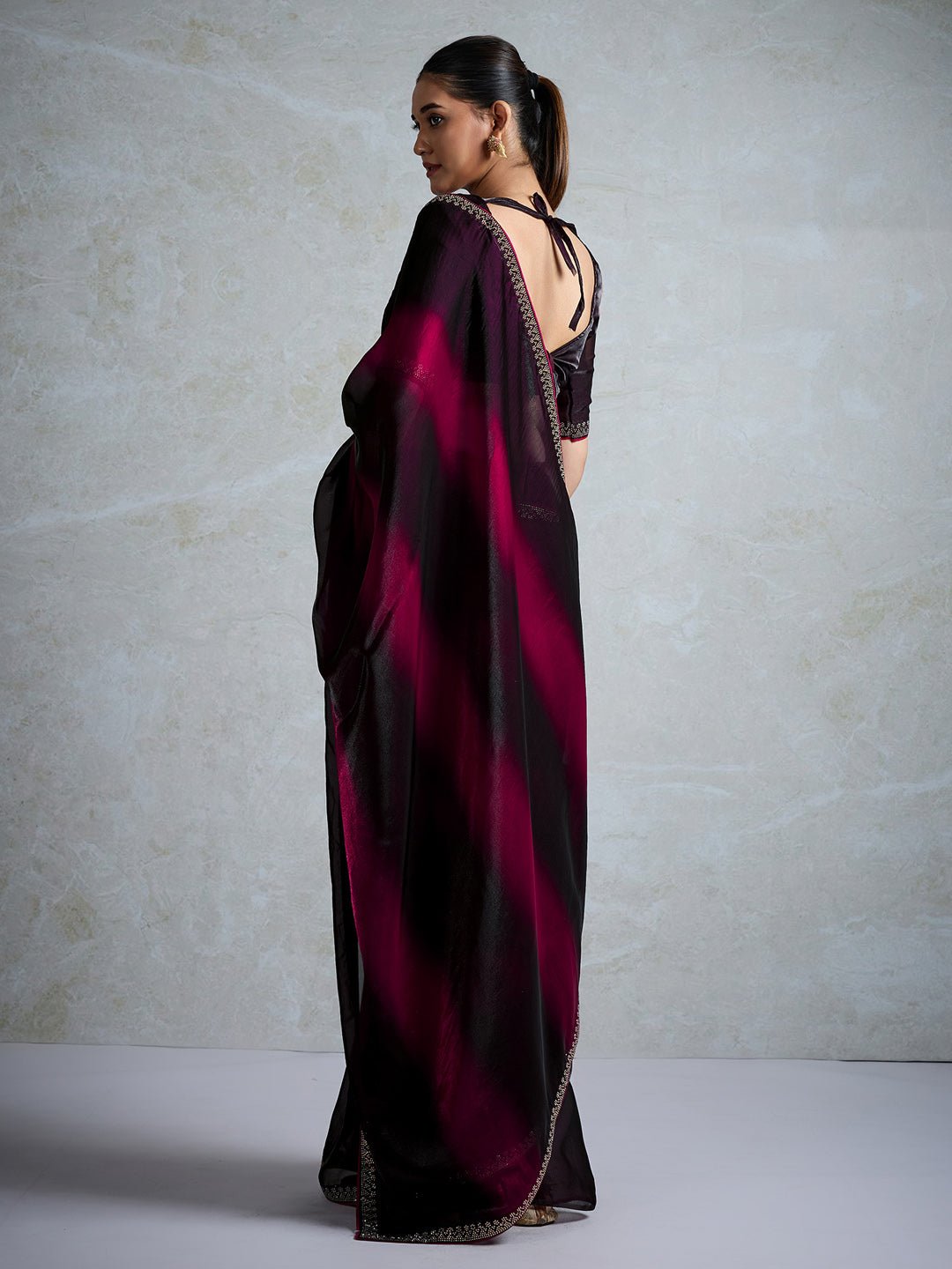 Black & Wine Polyester Ombre Dyed Embroidered Saree - Ressa